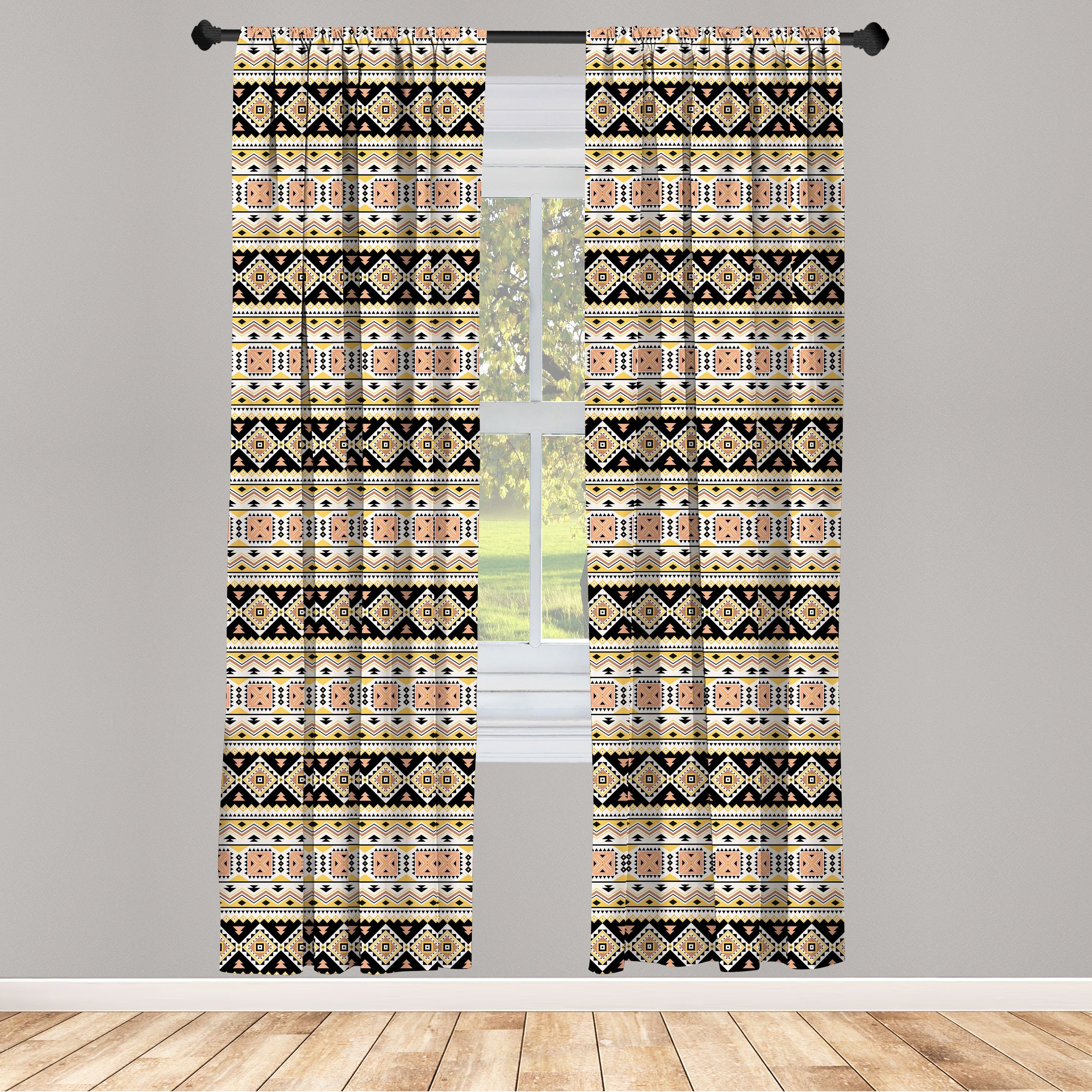 Gardine Vorhang für Wohnzimmer Schlafzimmer Dekor, Abakuhaus, Microfaser, Aztekisch Dreiecke Tribal Motive Kunst