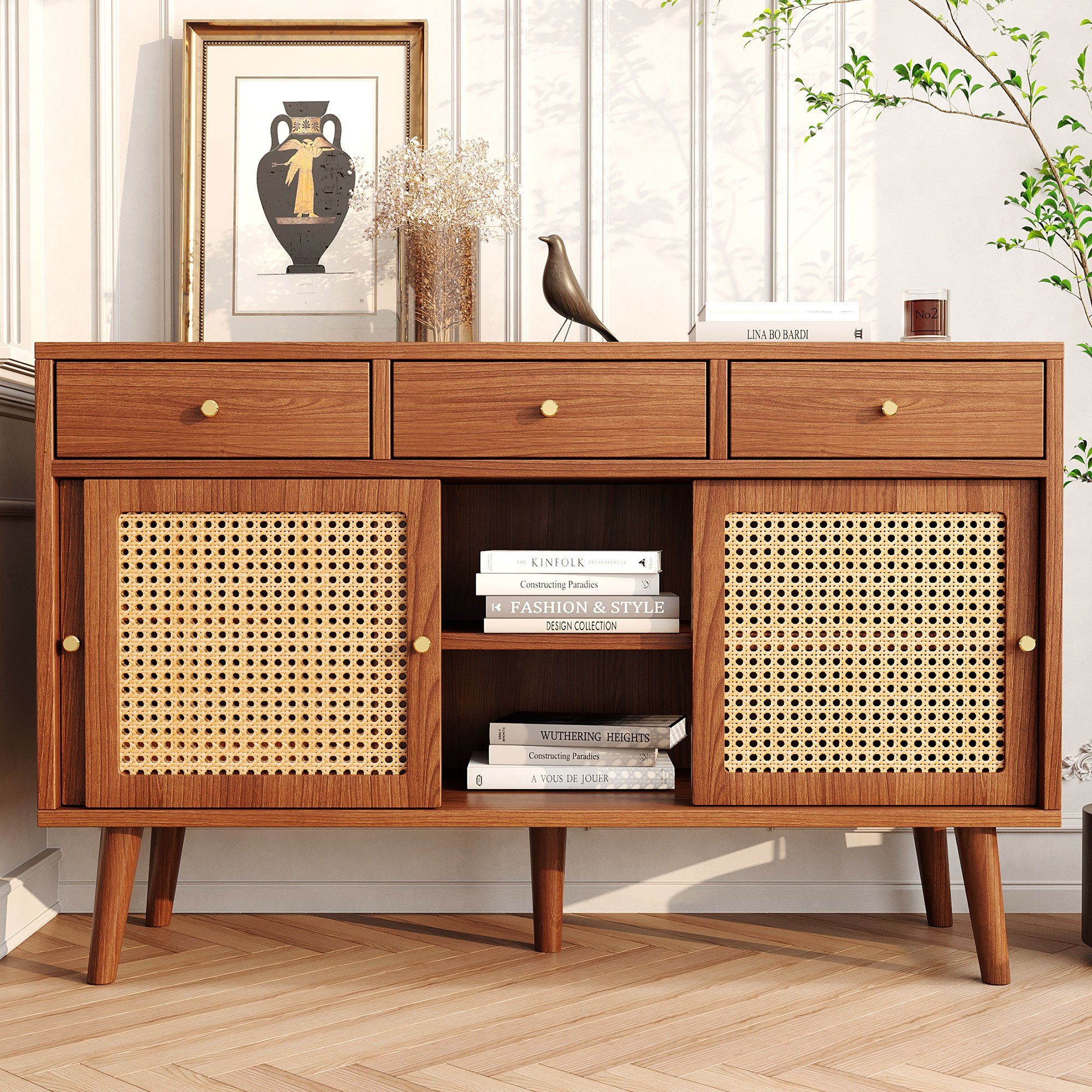 HAUSS SPLOE Sideboard Sideboard Kommode Beistellschrank Aufbewahrungsschrank (verstellbare Ablagen), mit 3 Schubladen und 3 Schiebetüren, 120x 40x78cm Nussbaumfarben