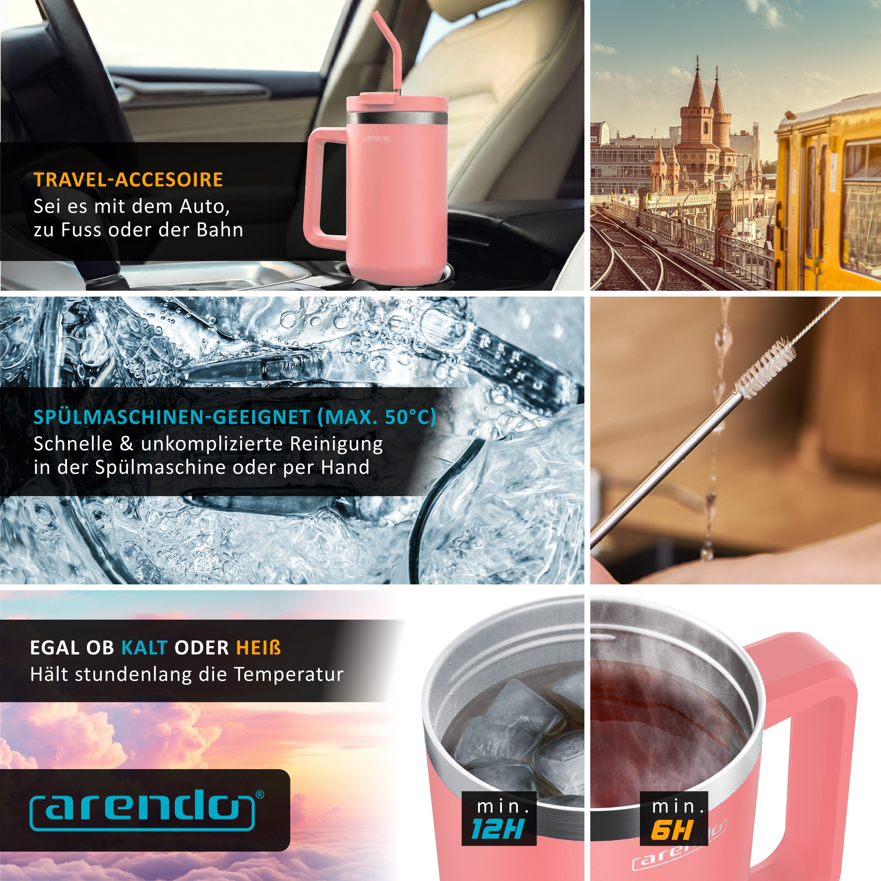 Arendo Thermobecher Tumbler 1200 ml, Becher mit Deckel, Henkel und Strohhalm, Thermal Mug, 1-tlg., Edelstahl, kohlensäuregeeignet, auslaufsicher, doppelwandig,  – Bild 4 von 5