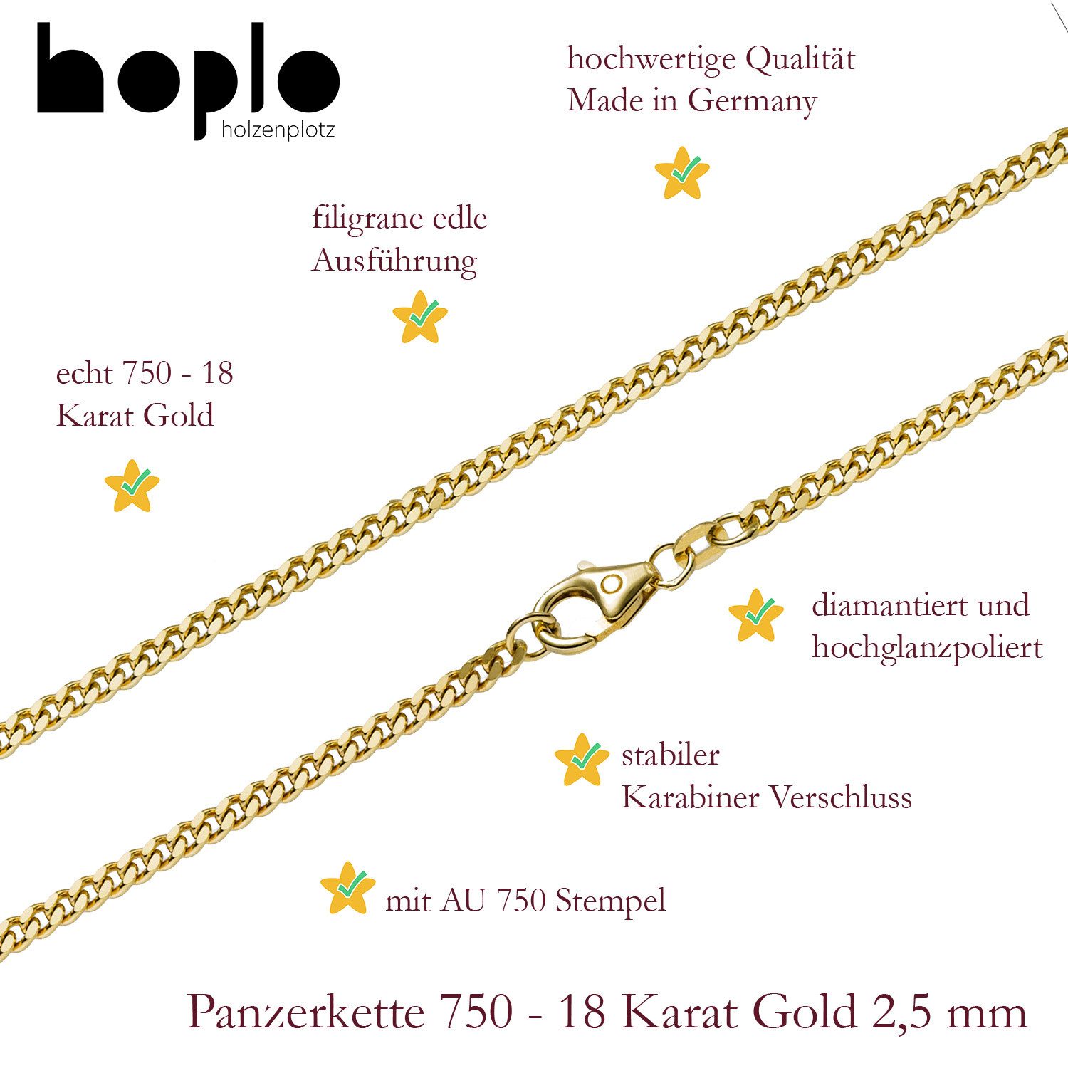 HOPLO Goldarmband Goldkette Panzerkette Länge 19cm - Breite 2,5mm - 750-18 Karat Gold, Made in Germany