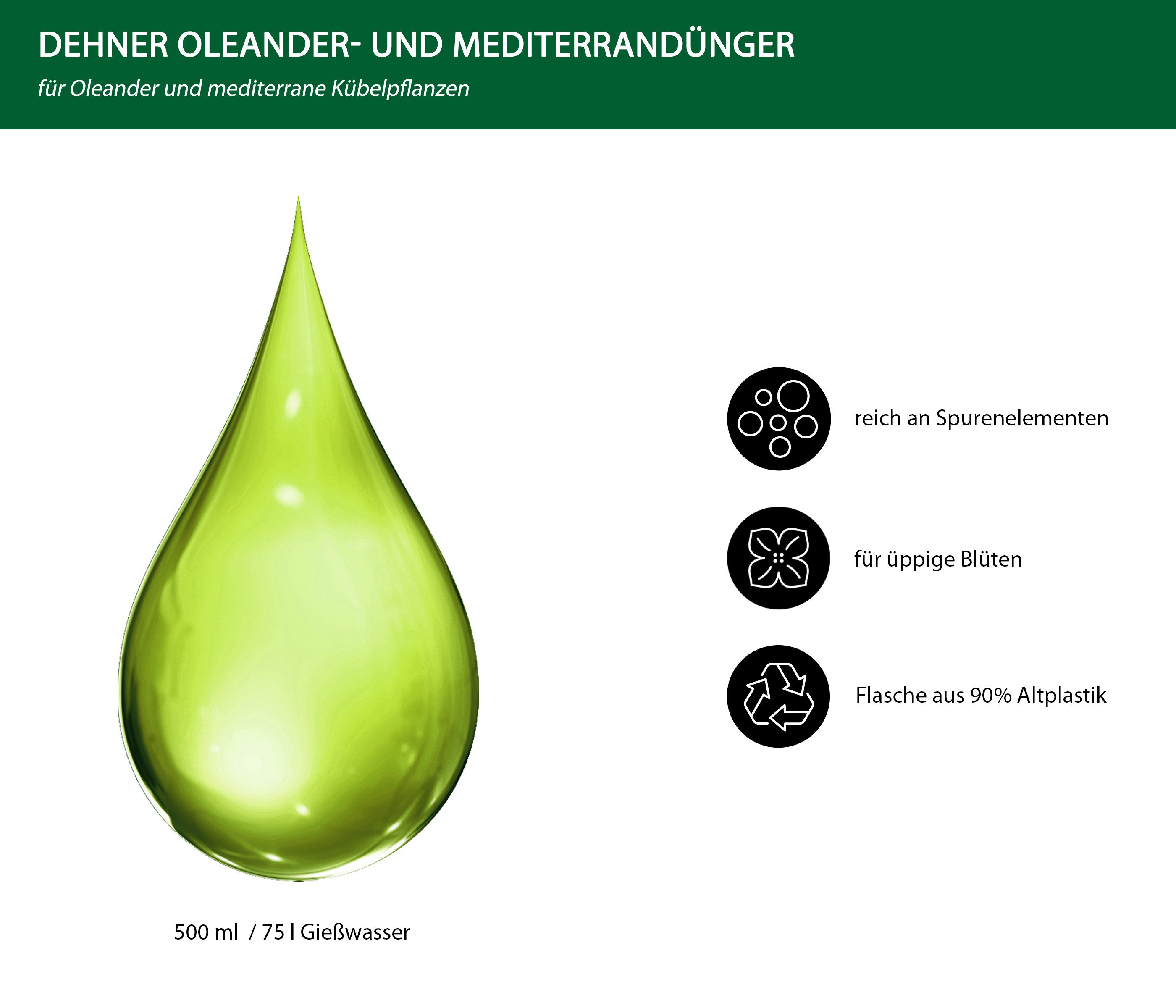Dehner Blumendünger Oleander-/Mediterrandünger, hochwertiger NPK-Dünger, 500 ml, ca. 75 l, 75 l Gießwasser, Flüssigdünger, organisch mit Spurennährstoffen
