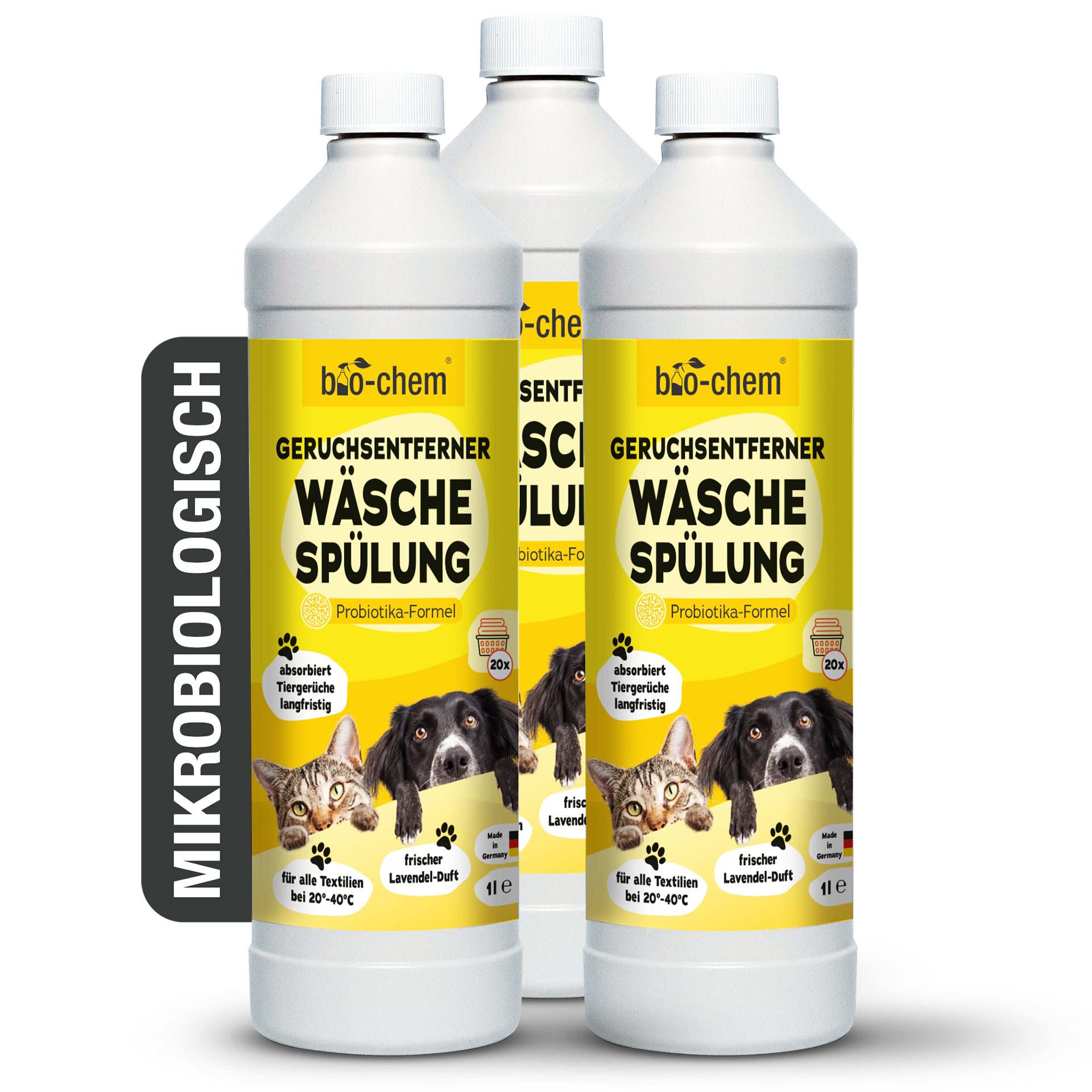 bio-chem Textilerfrischer Geruchsentferner Wäschespülung 1 L probiotischer Zusatz gegen Gerüche (Geruchsentferner Wäschespülung 3x 1 L + Dosierbecher)