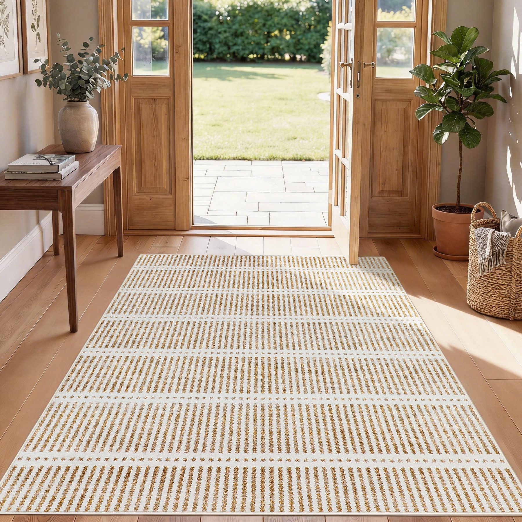 Tribesigns Teppich Waschbarer Kurzflor Teppich, ultradünn, rutschfest, 160 x 230cm, mit Streifen-Design im Landhausstil, für Wohnzimmer