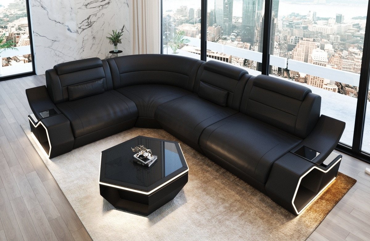 Sofa Dreams Ecksofa Pescara L Form Leder, 4-Sitzer, Kunstleder Premium, Schwarz, USB, LED, Ecke links