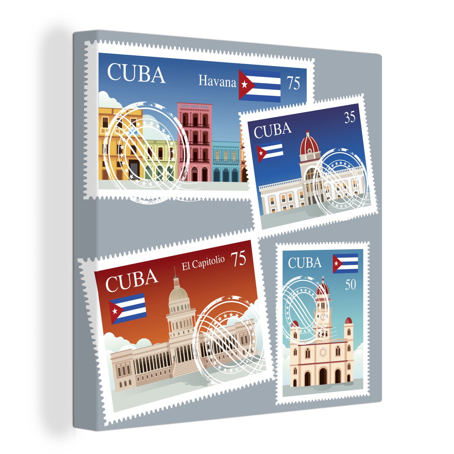 OneMillionCanvasses® Leinwandbild Eine Illustration von vier kubanischen Briefmarken, (1 St), Leinwand Bilder für Wohnzimmer Schlafzimmer | Leinwandbilder