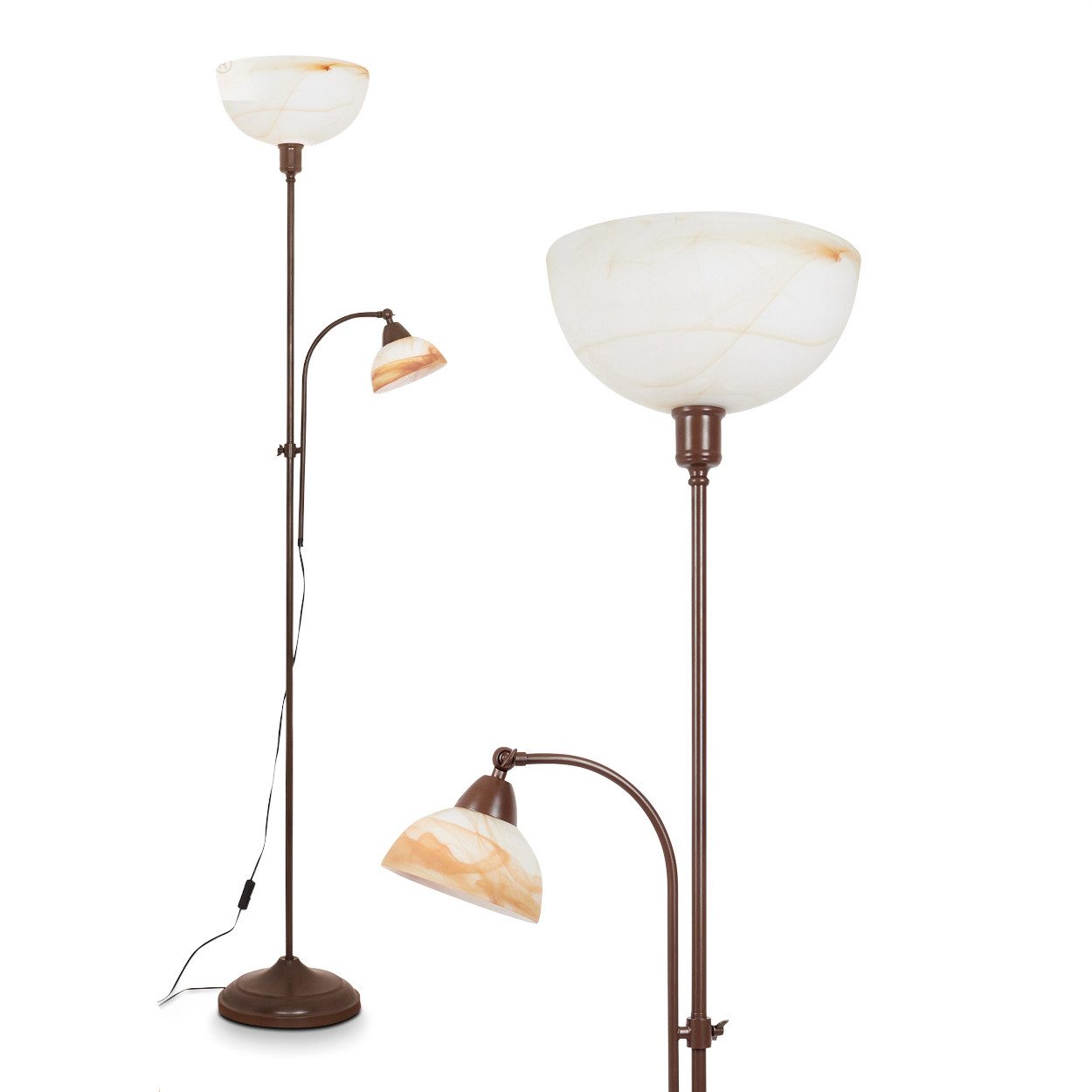 hofstein Stehlampe »Pereto« antike Bodenlampe aus Metall/Glas, Braun/Alabasterfarben/Weiß, ohne Leuchtmittel, Stehlampe mit Fußdimmer + An-/Ausschalter, E27+ E14