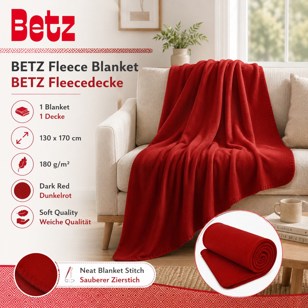 Wohndecke Betz Fleecedecke 130x170 cm 180g/m² – Weiche Wohndecke & Kuscheldecke, Betz, Leicht, wärmend & pflegeleicht