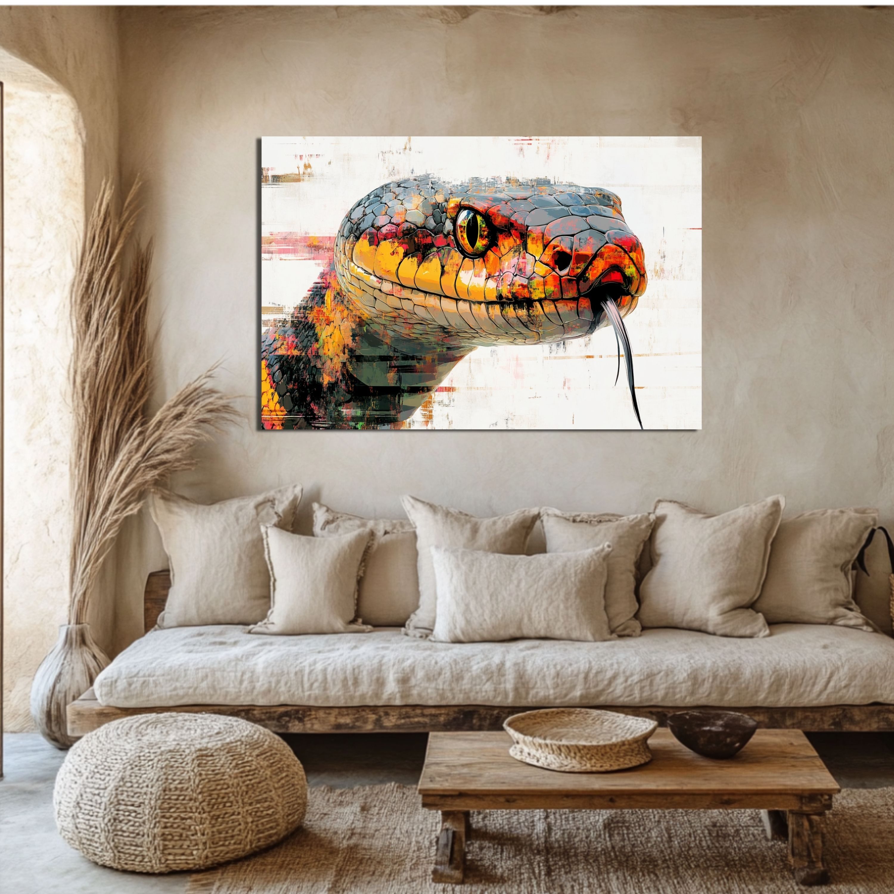 DARO Design Leinwandbild Modern Abstrakt Wandbilder XXL Wandbild Wand Deko Leinwand Bilder, (Schlange Warhol Glitch - Bild Groß Wohnzimmer Schlafzimmer Küche Esszimmer Einteilig Querformat Fotodruck Leinwände Wanddeko Abstrakte Kunst Boho), 84x56cm