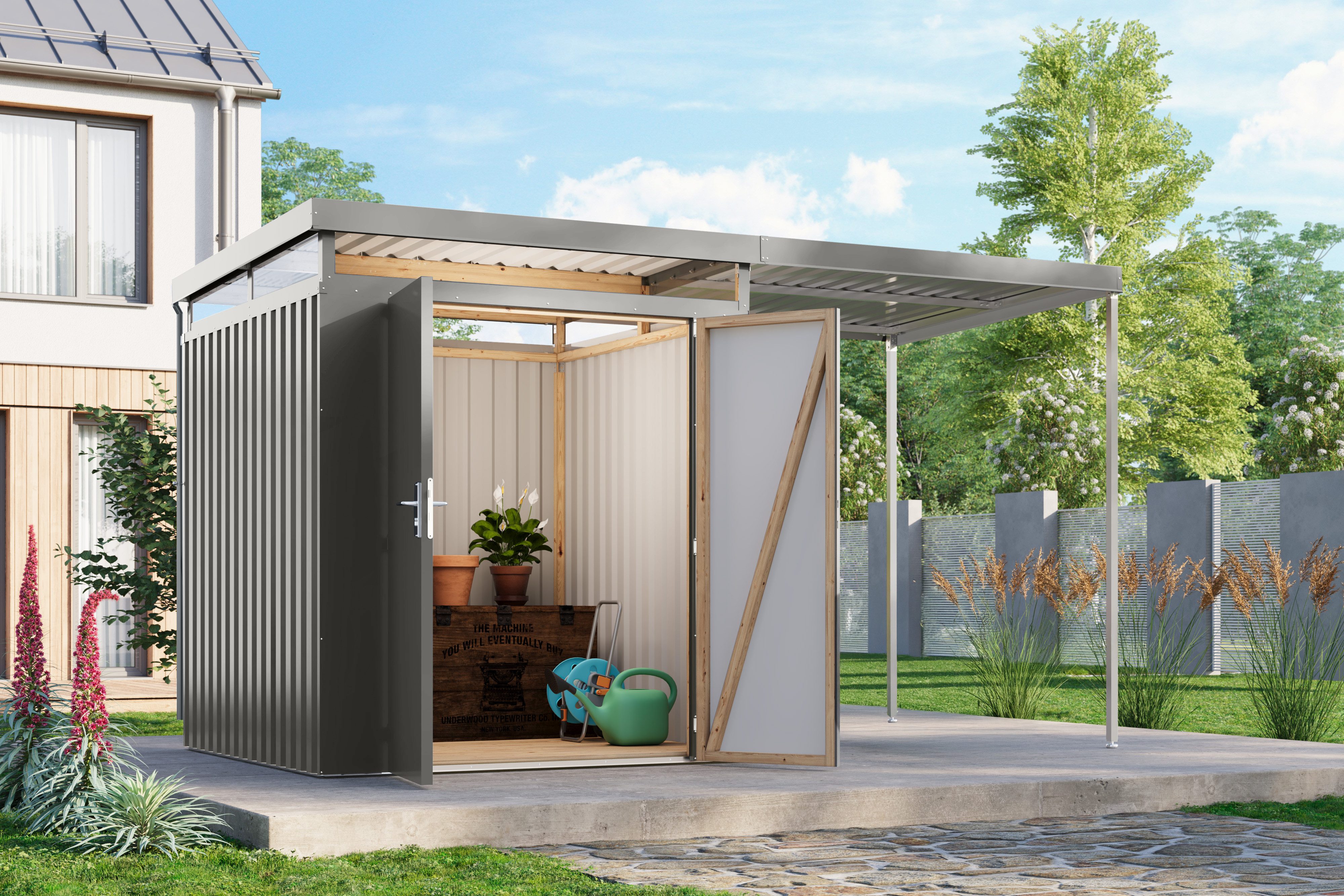 Karibu Gerätehaus Titanium 2 SET mit Anbaudach, BxT: 414x209 cm, Made in Germany