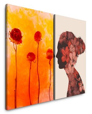 Sinus Art Leinwandbild 2 Bilder je 60x90cm Blumen Orange Kunstvoll junge Frau Chic Fotokunst Dekorativ