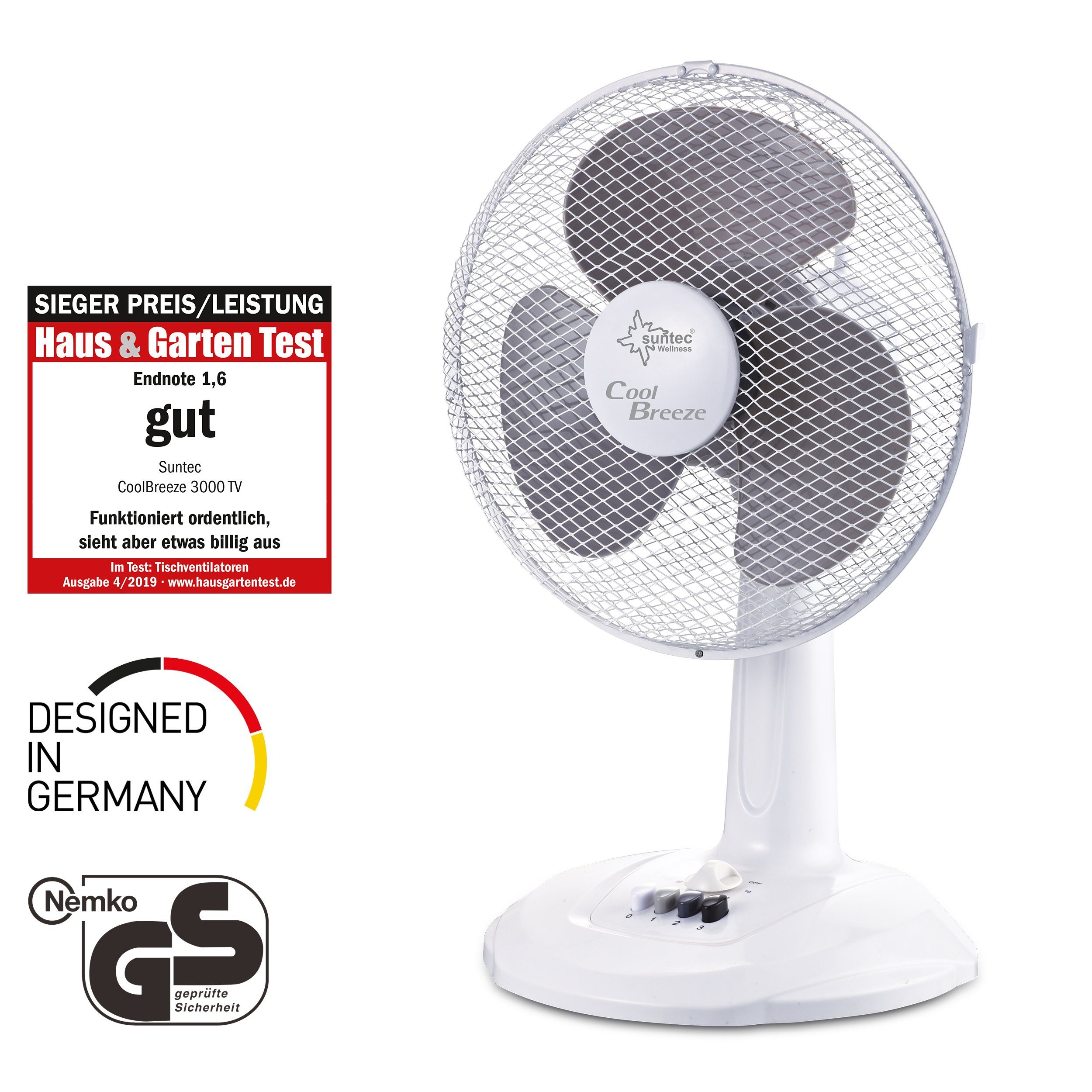 Tischventilator Suntec Timer, 3000 CoolBreeze inkl. Ventilator 45 TV, & Wellness Fan, Oszillation Watt