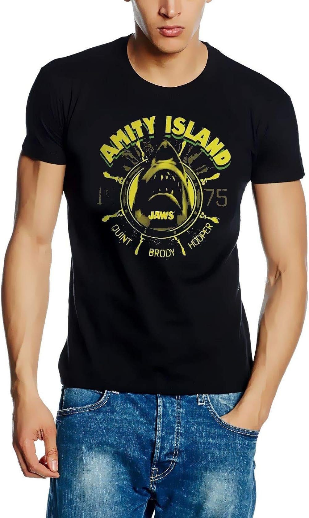 der XL JAWS Hai M weiße AMITY Hai ISLAND L s XXL schwarz T-Shirt Der Print-Shirt Weiße