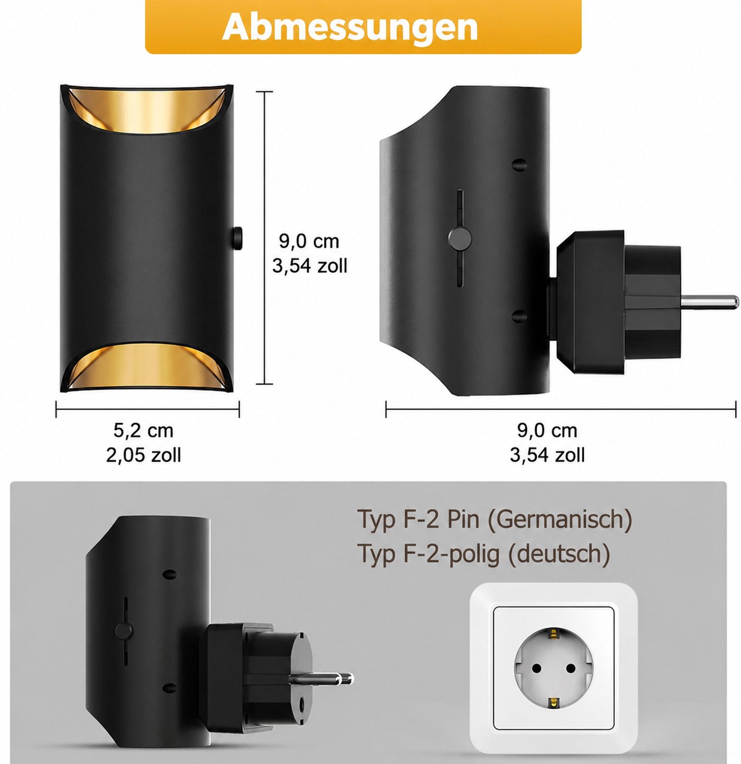 LOHAS-LED LED Nachtlicht LED Up & Down Steckdosen-Nachtlicht Schwarz Kupfer, 2er Set, LED fest integriert, Warmweiß, Dämmerungssensor mit stufenloser 0–100% Dimmung