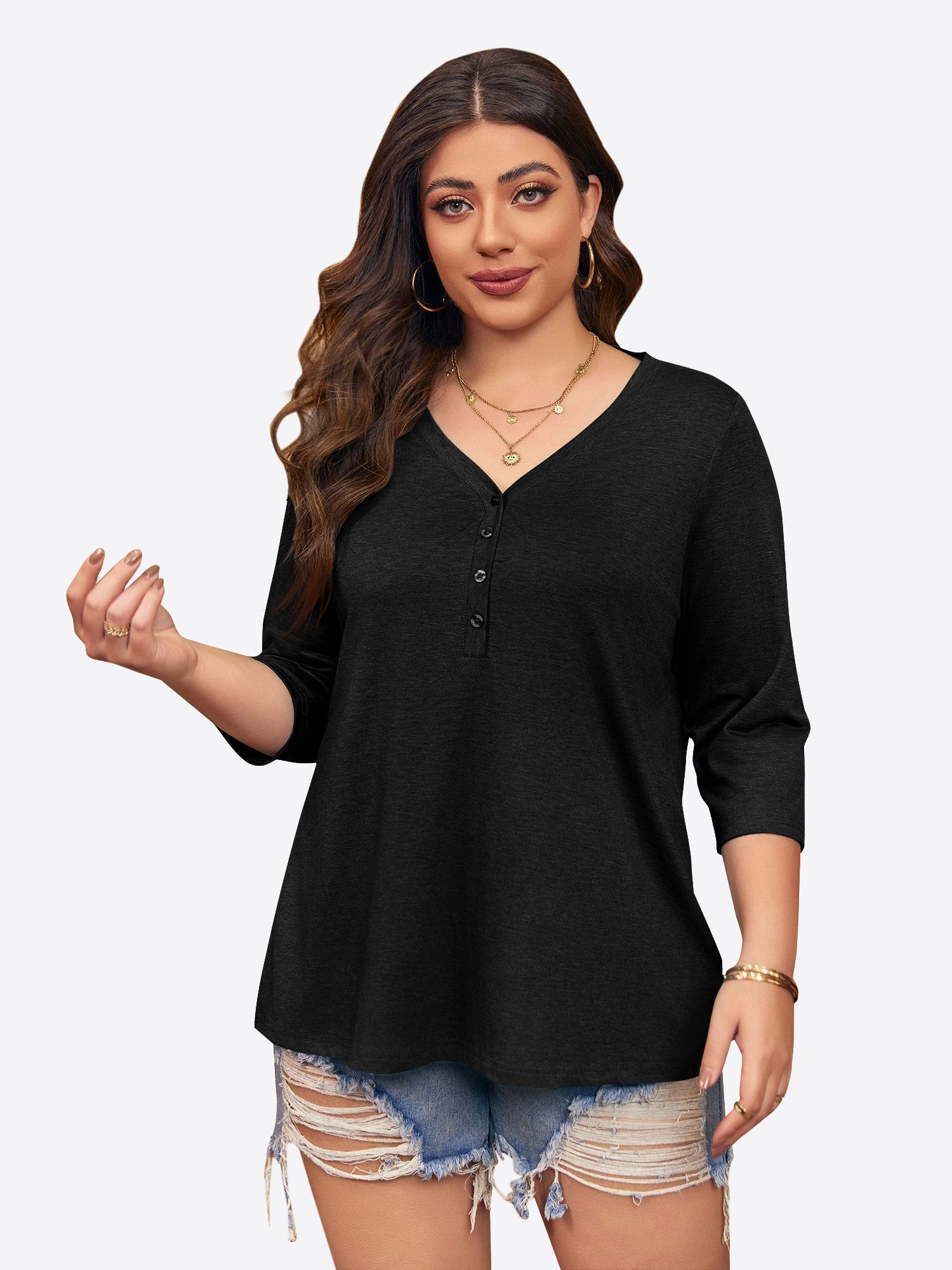 Imily Bela Oversize-Shirt Damen 3/4-Ärmel Henley-Shirt V-Ausschnitt Loose Basic Tunika (Packung, 1-tlg., 1per-Pack) in Unifarbe