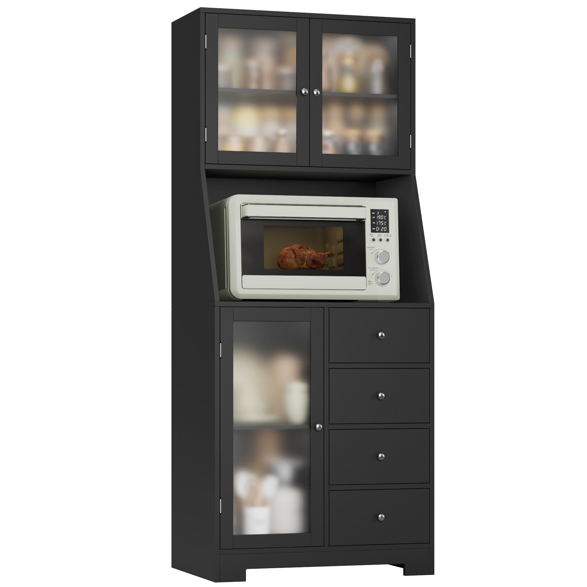 HOMCOM Küchenhochschrank Mit 3 Türen & Schublade – Schwarz, 60x40x180 Cm, Mit Offenen Regalen & Mikrowellenablage
