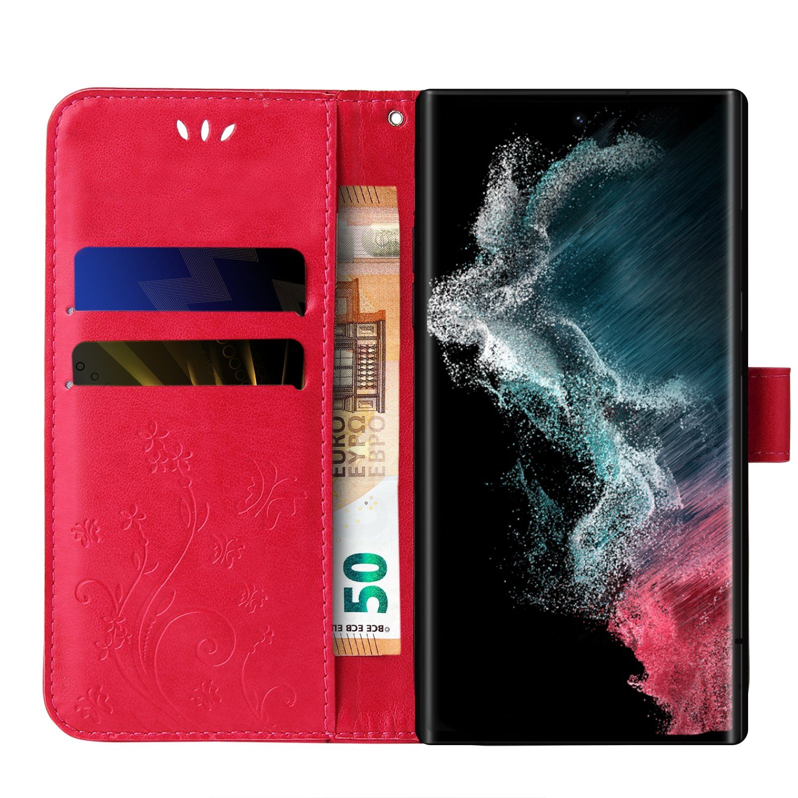 Tec-Expert Handyhülle Cover Tasche Hülle für Samsung Galaxy S22 Ultra 6,8 Zoll, Klapphülle Case mit Kartenfach Fliphülle aufstellbar, Motiv Blumen