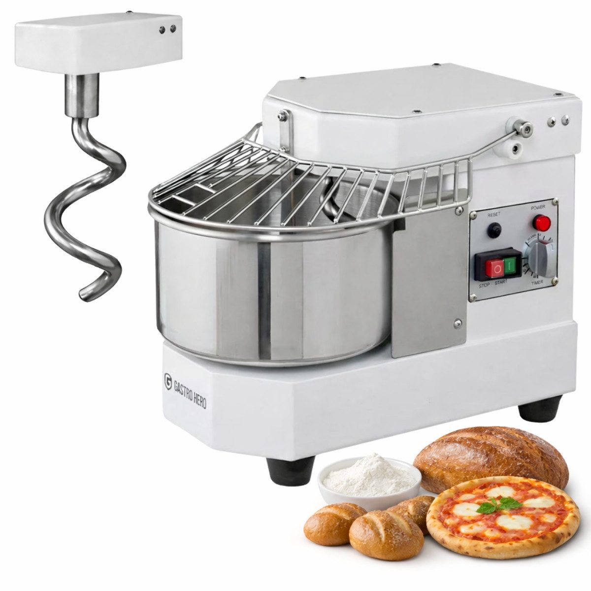 GastroHero Küchenmaschine Teigknetmaschine für max. 3 kg Teig - 8 Liter - 230 V für Pizzerien, 450 W, 8 l Schüssel, fester Kopf, zur optimalen Herstellung von Pizzateig