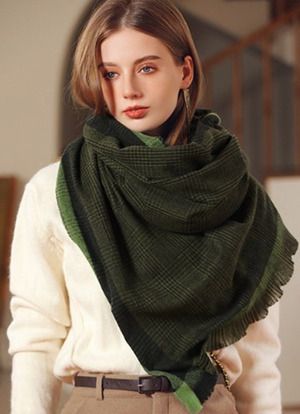 Karo,Halstuch Damen Geschenk Schal/Dreieckstuch,Schal Frauen green Fransen, Poncho mit für mit Schal Wollschal XDeer