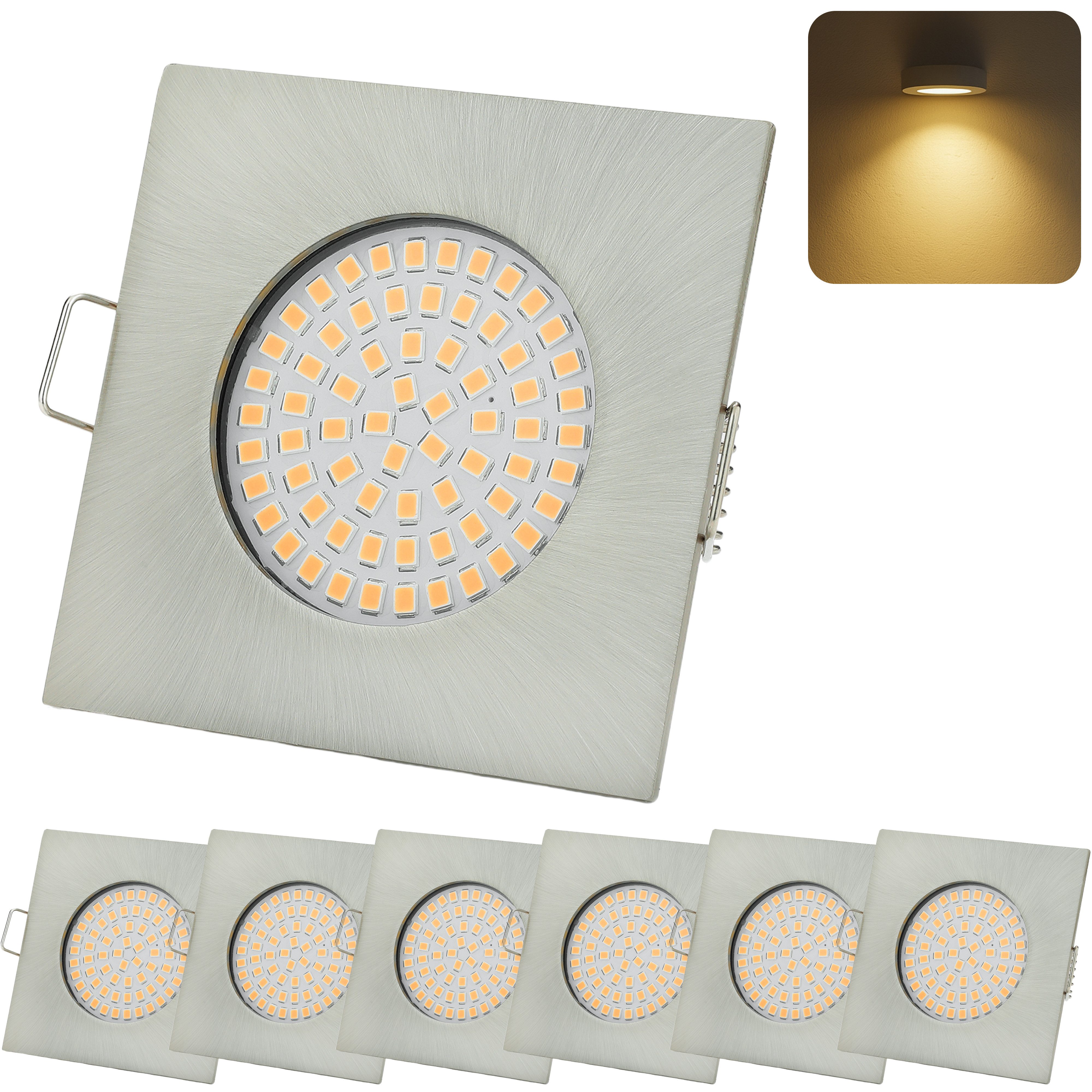 Sweet LED LED Einbaustrahler 3,5W 230V Deckenspots Flach Eckig 6er Set 3000K Warmweiß Chrom IP20, LED fest integriert, 3000K, Warmweiß, Deckenspot, 75x75 mm, Einbauleuchte