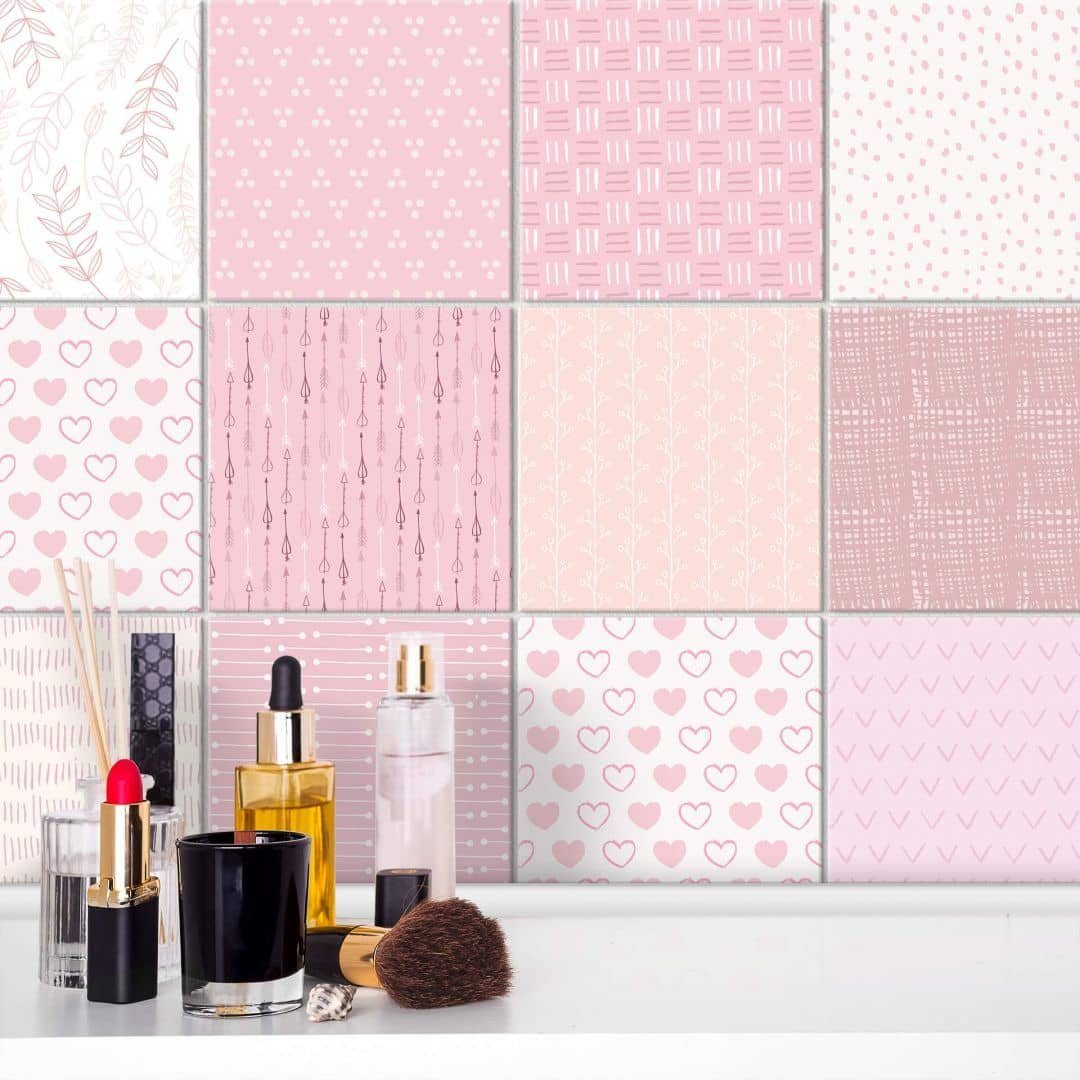 K&L Wall Art Fliesenaufkleber Klebefliese Sticker Set selbstklebend Mädchen Liebe Herz Rosa