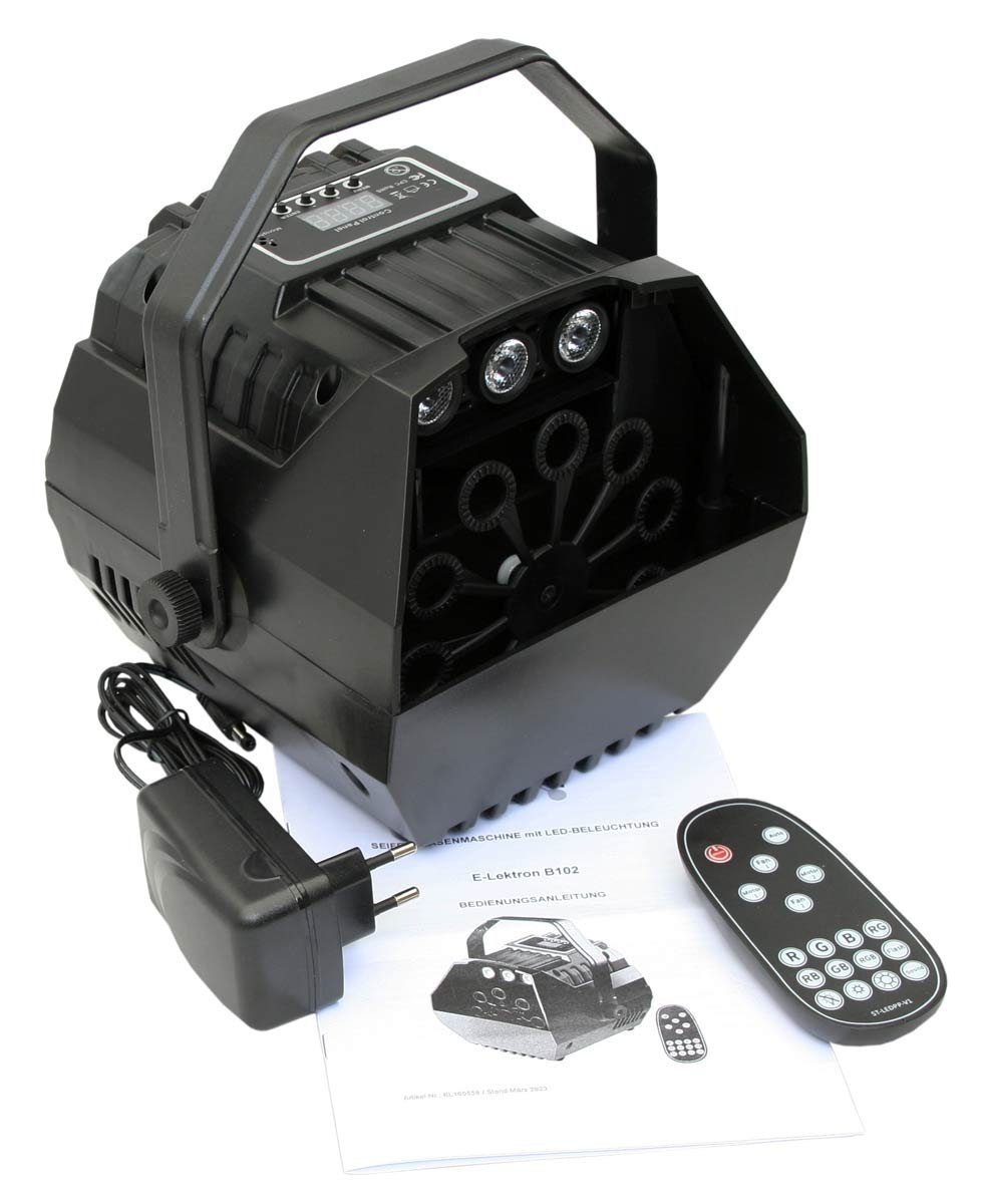 E-Lektron Seifenblasenmaschine B102 Seifenblasenmaschine mit LED Beleuchtung, inkl. Fernbedienung für Maschine und Lichteffekt