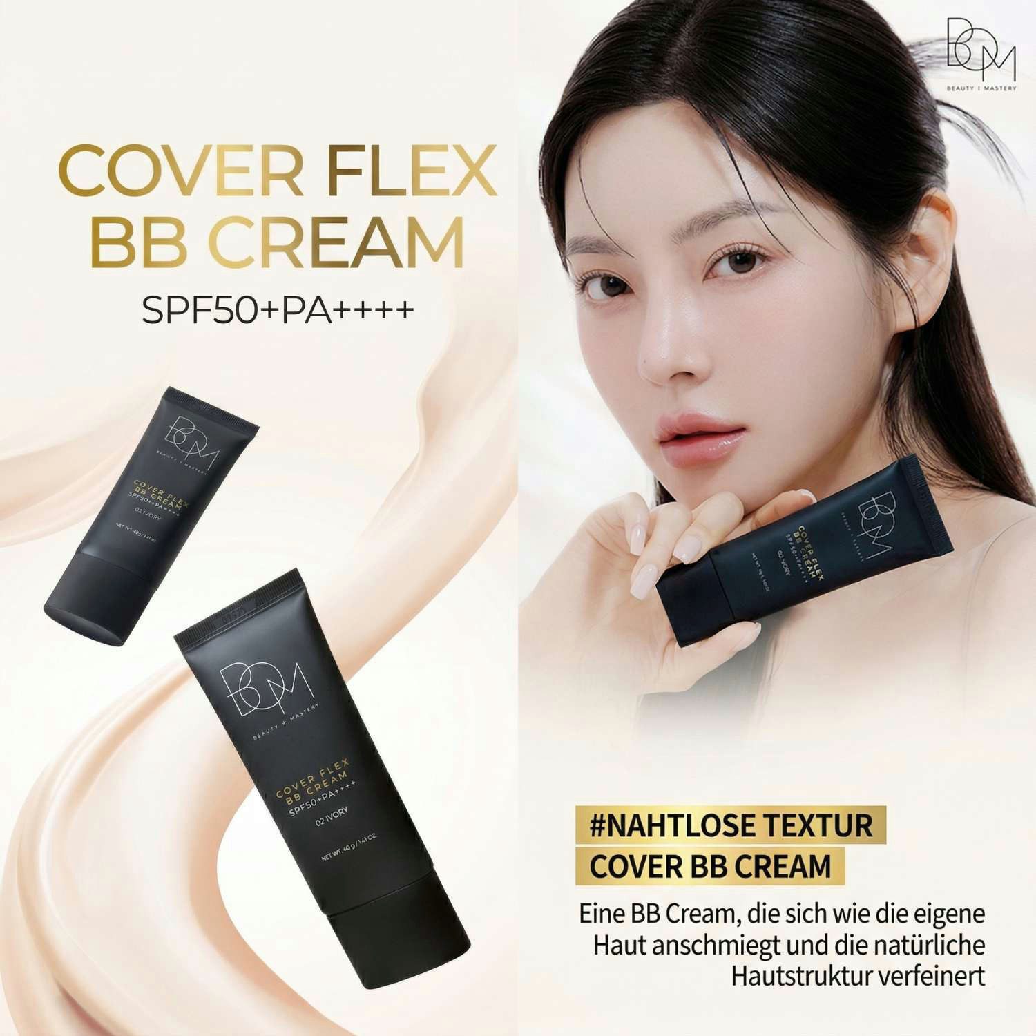 Beauty of Majesty BB-Creme Cover Flex BB Cream SPF50+ PA++++ 03 Beige 40g – Koreanische BB Cream mit Sonnenschutz, Hyaluronsäure & nahtloser Deckkraft –, Vegan – K-Beauty Make-up