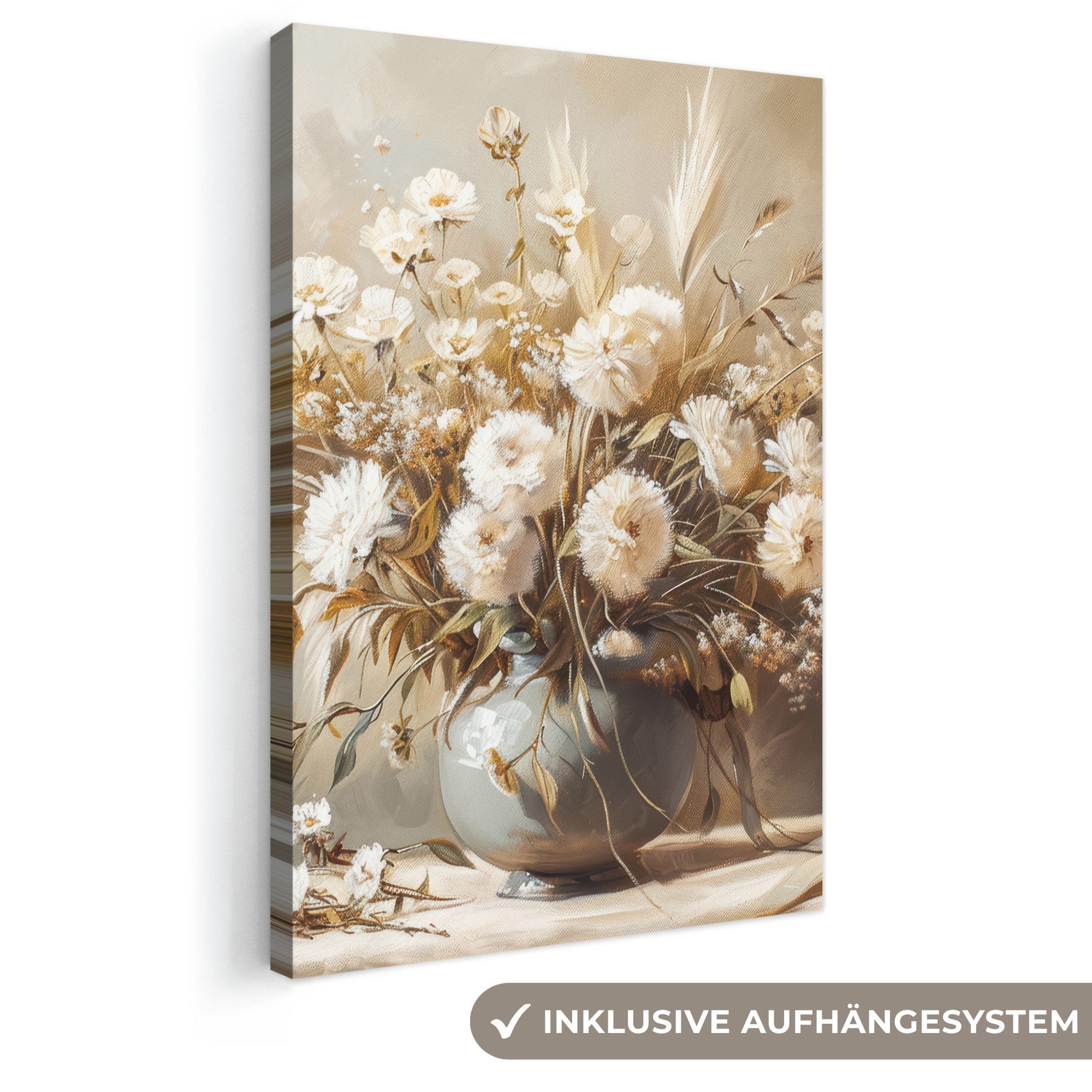 OneMillionCanvasses® Leinwandbild Blumen - Vase - Stilleben - Beige, Fotodruck (1 St), Leinwand Canvas Wandbild, Wanddekoration 20x30 cm