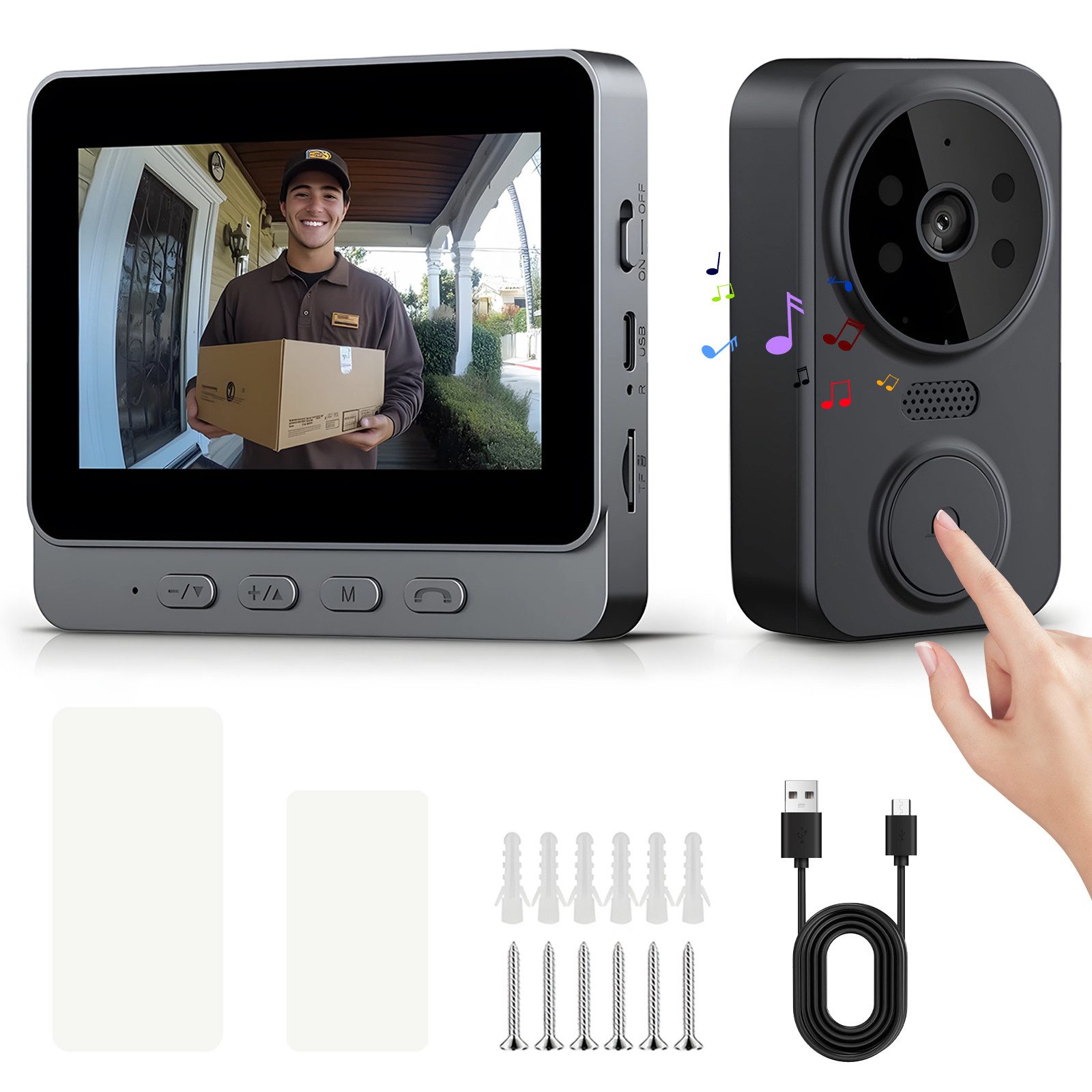 AKKEE Video-Türsprechanlage Drahtlose Video-Türklingel, 2,4-GHz-Verbindung (Mit intelligentem 4,3-Zoll-IPS-Display kabellose Türklingel)
