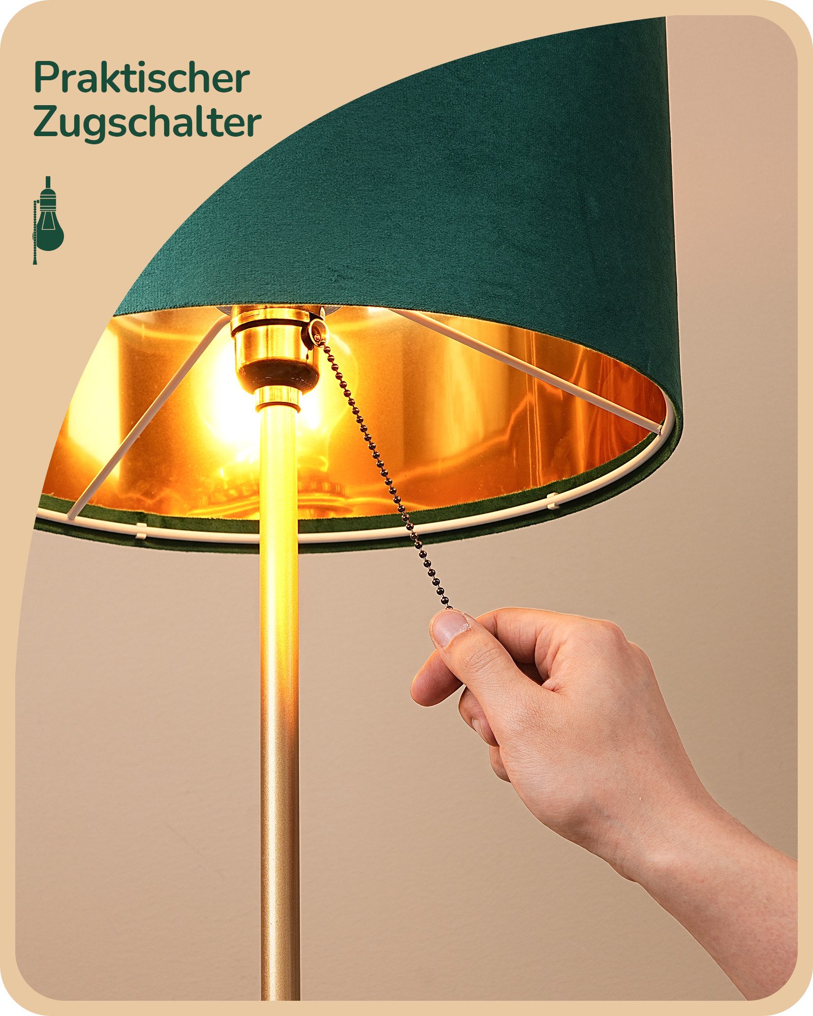 EDISHINE LED Stehlampe Wohnzimmer mit Zugschalter, LED wechselbar, warmweiß, Vintage Stehleuchte mit grünem Lampenschirm, Gold, 145cm – Bild 5 von 5