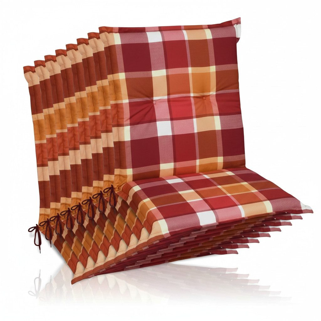 Beautissu Sitzauflage 8er Set Sunny RO Niedriglehner Auflagen 100x50 cm in Rot Kariert, Bequeme Gartenstuhl Stuhlkissen Polsterauflagen mit UV-Lichtecht