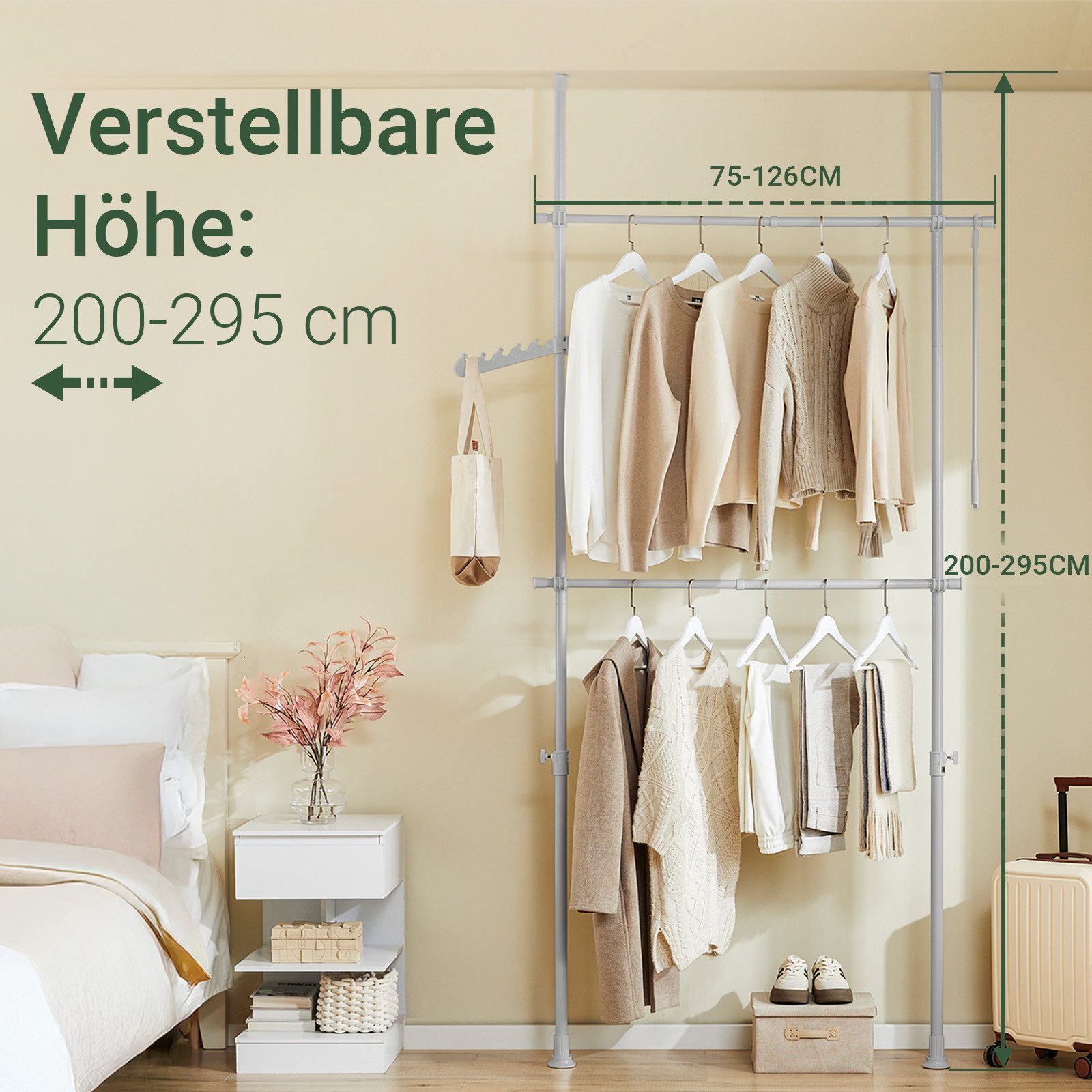 SoBuy Kleiderständer FRG109, deckenhoch, 3-stufige, höhen- und breitenverstellbar, Garderoben System mit 2 Kleiderstangen Regalsystem, Schlafzimmer