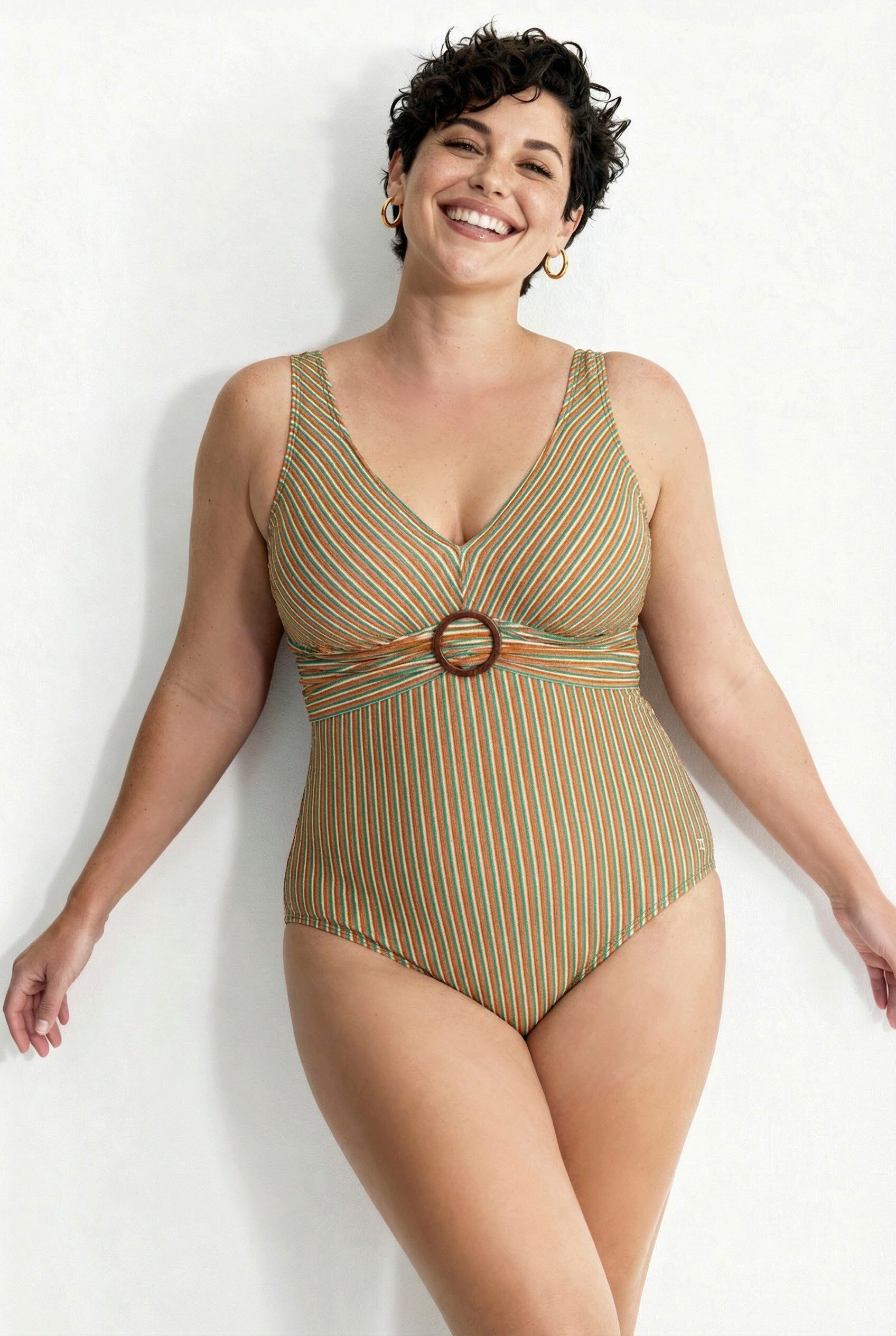 Ulla Popken Badeanzug Badeanzug Streifenstruktur Softcups Zierring