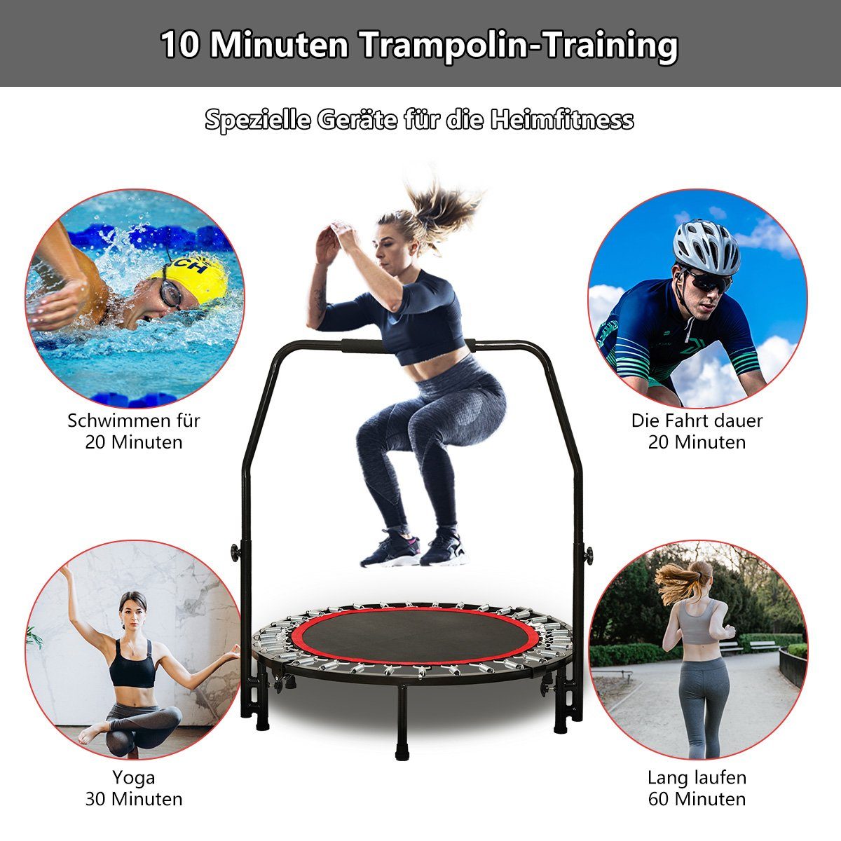 MULISOFT Fitnesstrampolin und cm, Erwachsene, Gartentrampolin Randabdeckung, Ø Indoor Ø120cm 97 Trampolin Metallfeder, Fitness Kinder mit Haltegriff Faltbar für mit