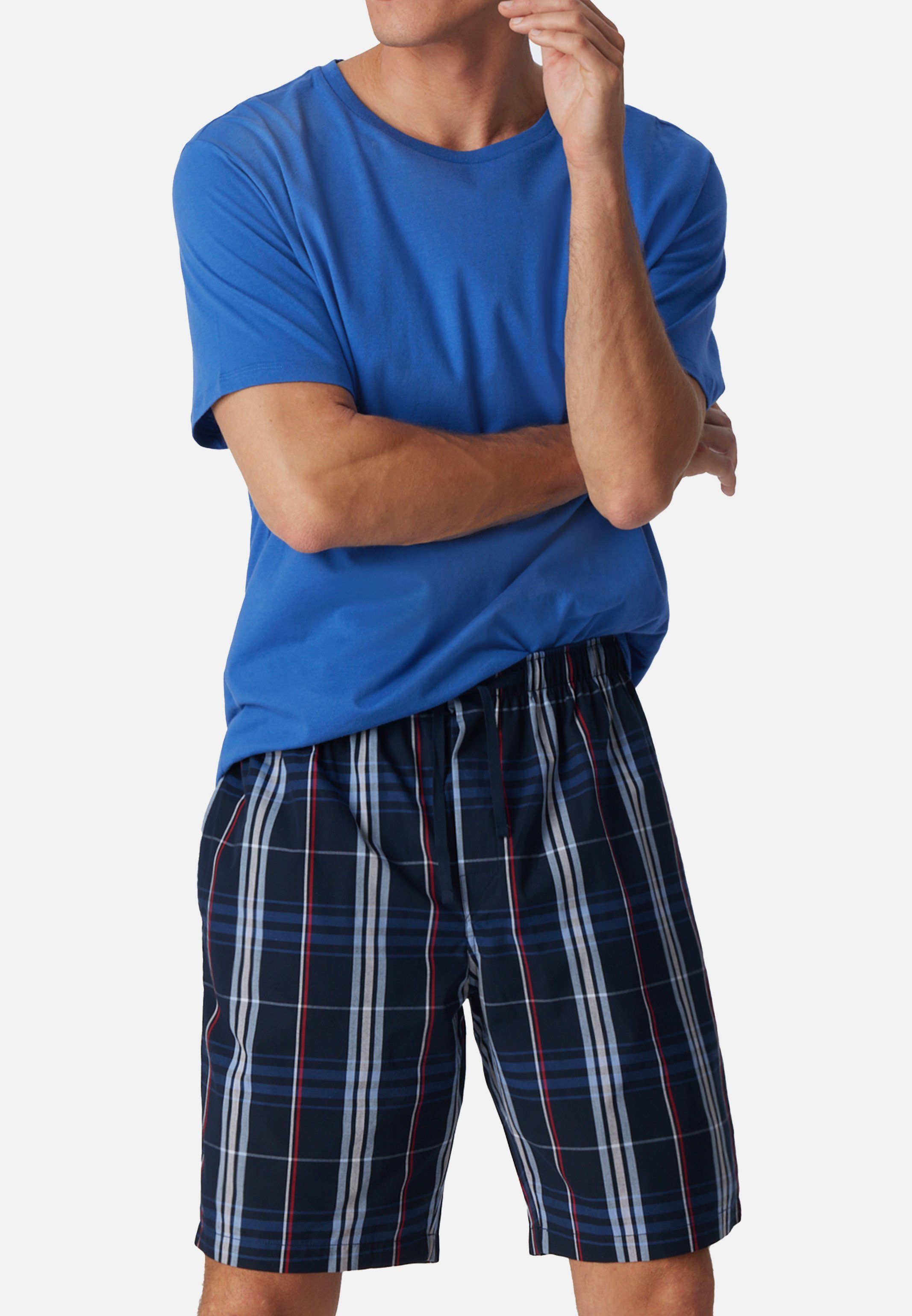 Schiesser Schlafhose Mix + Relax Karierte Hose (1-tlg) Blau Baumwolle - Herren-Bermudashorts Schlafanzug 