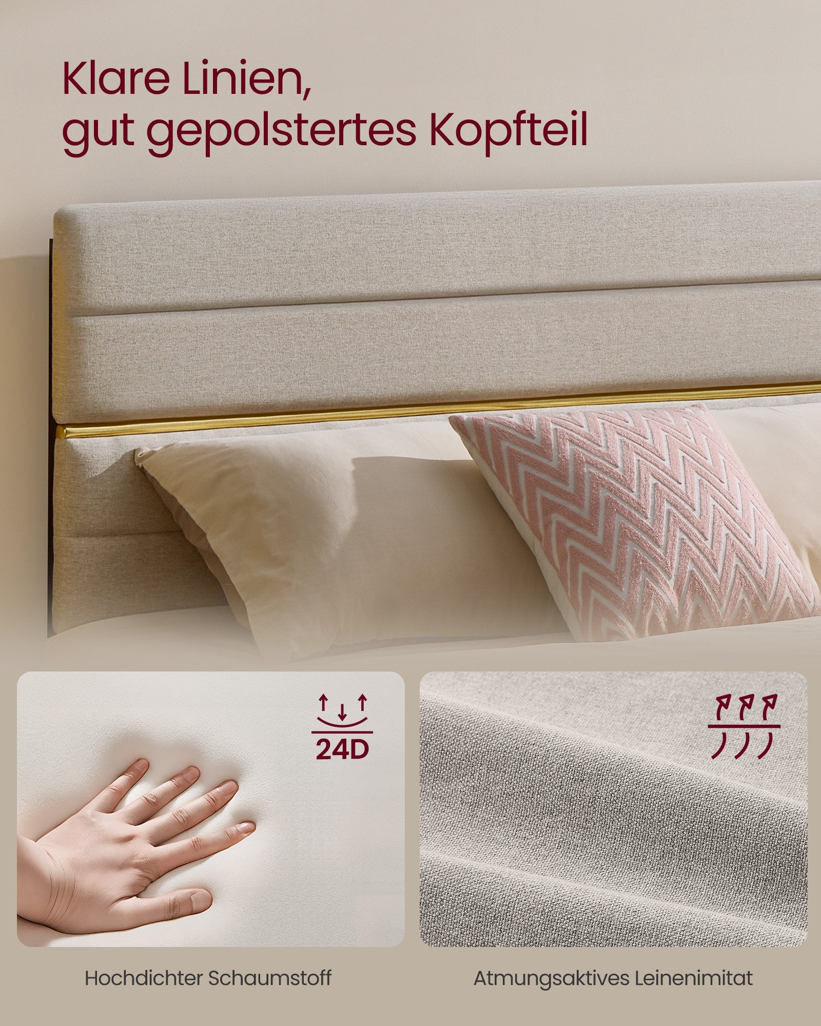 VASAGLE Polsterbett, Bettgestell, hochtragfähig, robust, in 3 Größen verfügbar