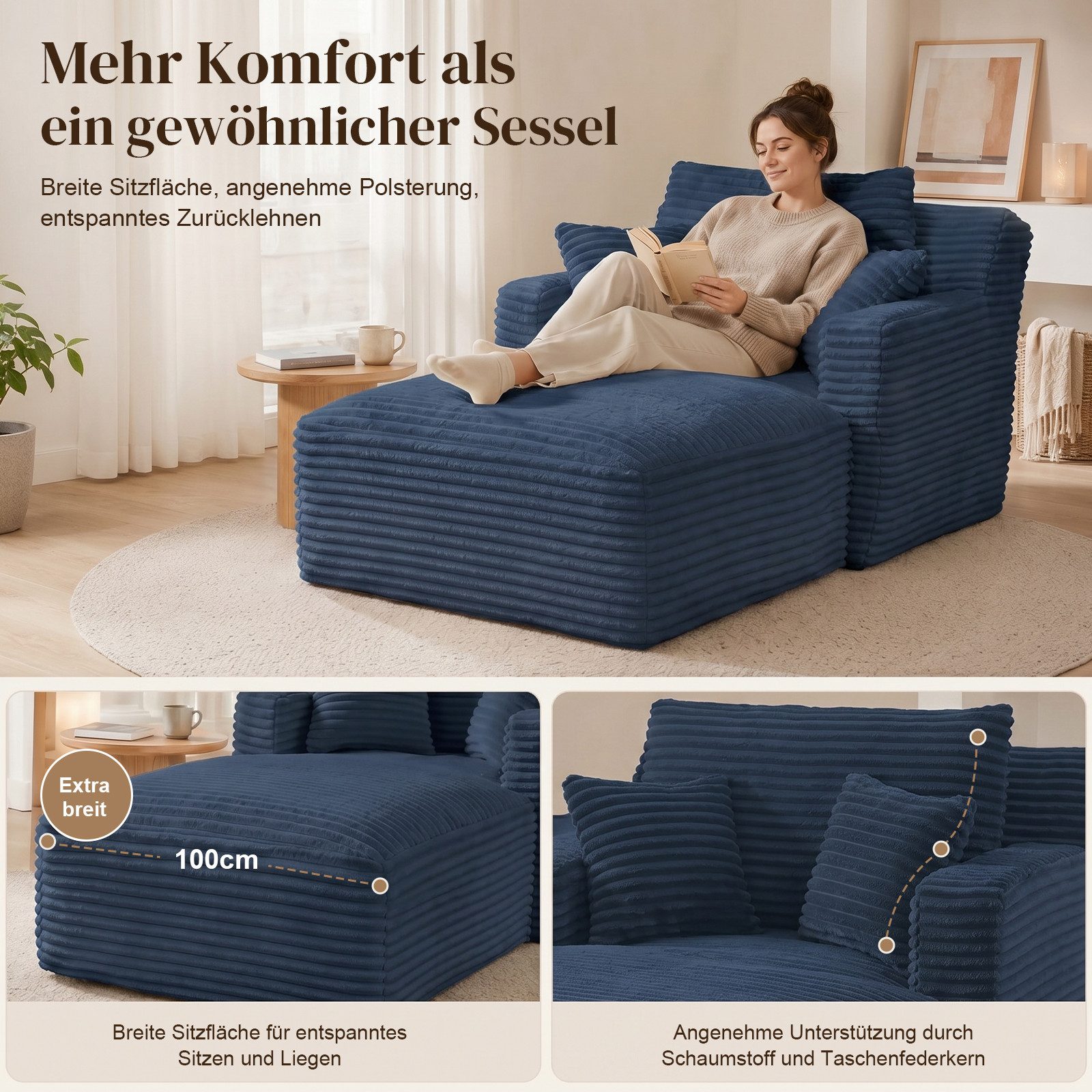 ANYSUN Loungesofa Modernes Chaiselongue-Sofa,Cord-Schlafsofa, 2 Kissen,Relaxsessel Cord, ohne Montage mit Taschenfederkern & Schaumstoffpolsterung,Loungesofa, L – Bild 4 von 5