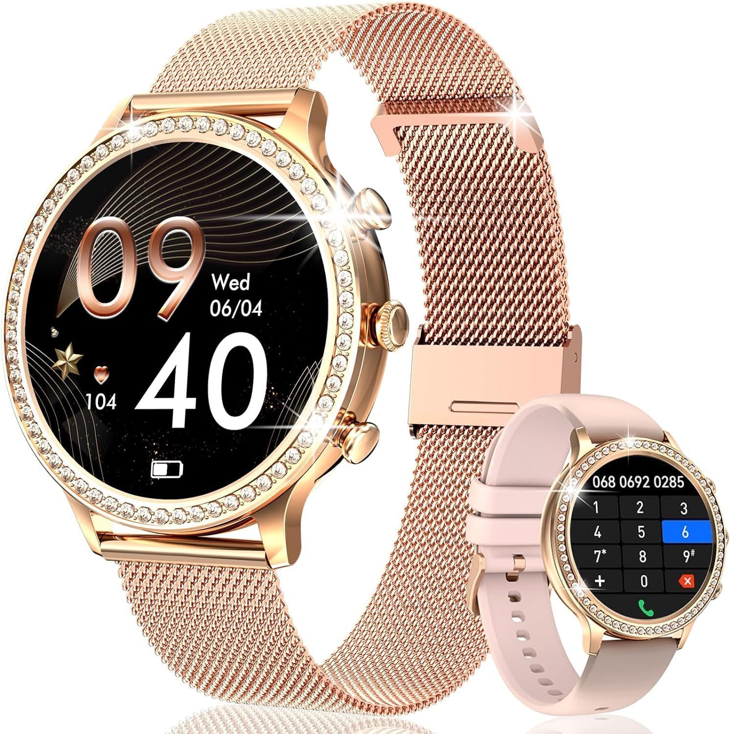 AIBISTAR Smartwatch Damen mit Telefonfunktion, HD Voll Touchscreen Wasserdicht Smartwatch, Diamantzifferblatt, austauschbare Armbänder, 1.32 Zoll Schlafmonitor Blutdruckmessung Schrittzähler für Android/iOS