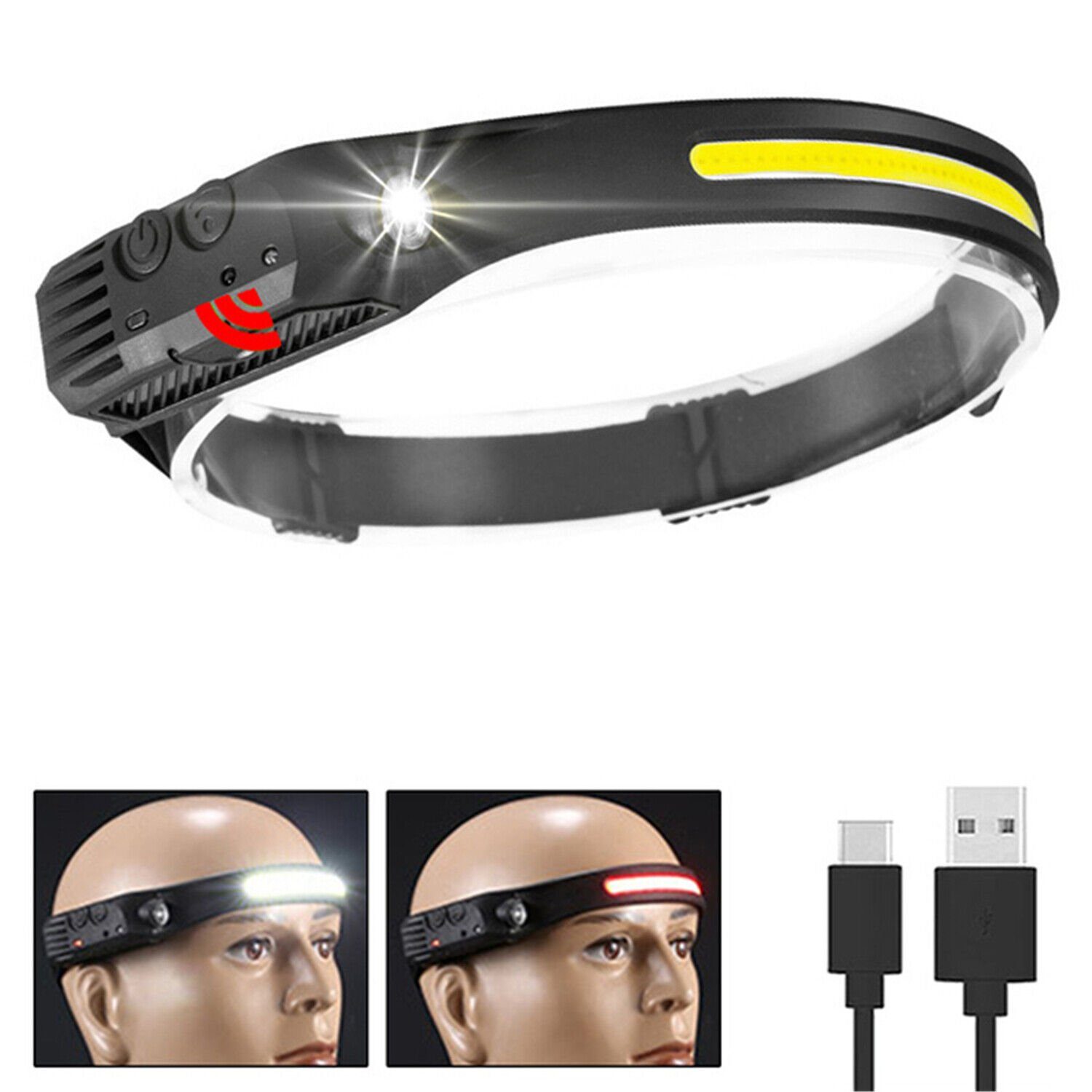 Olotos Stirnlampe LED COB XPE Kopflampe Scheinwerfer USB Wiederaufladbar mit Sensor, 1-3 COB 5 Modi 230°Ultra Weitwinkel Rot Gelb Licht IPX4 Wasserdicht 1 COB - Weisslicht+Rotlicht