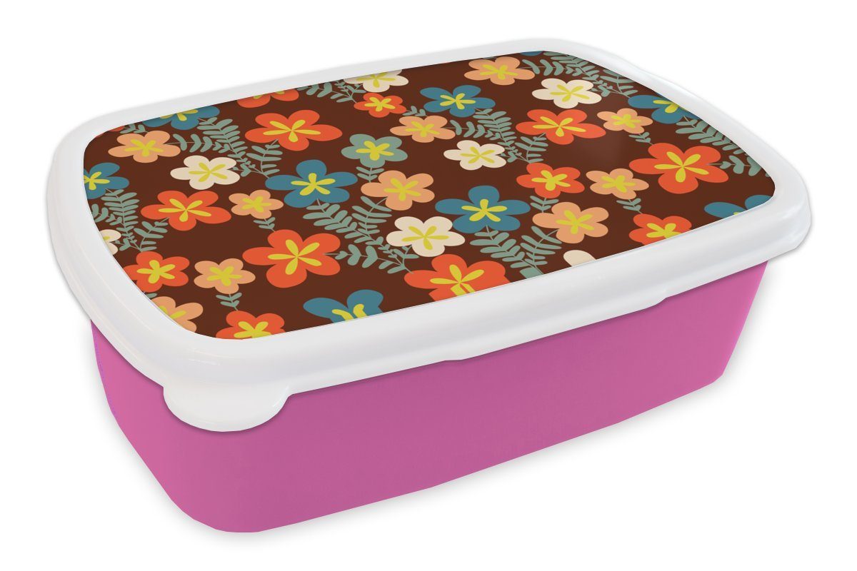 MuchoWow Lunchbox Retro - Muster - Blumen - 1970er Jahre, Kunststoff, (2-tlg), Brotbox für Erwachsene, Brotdose Kinder, Snackbox, Mädchen, Kunststoff rosa