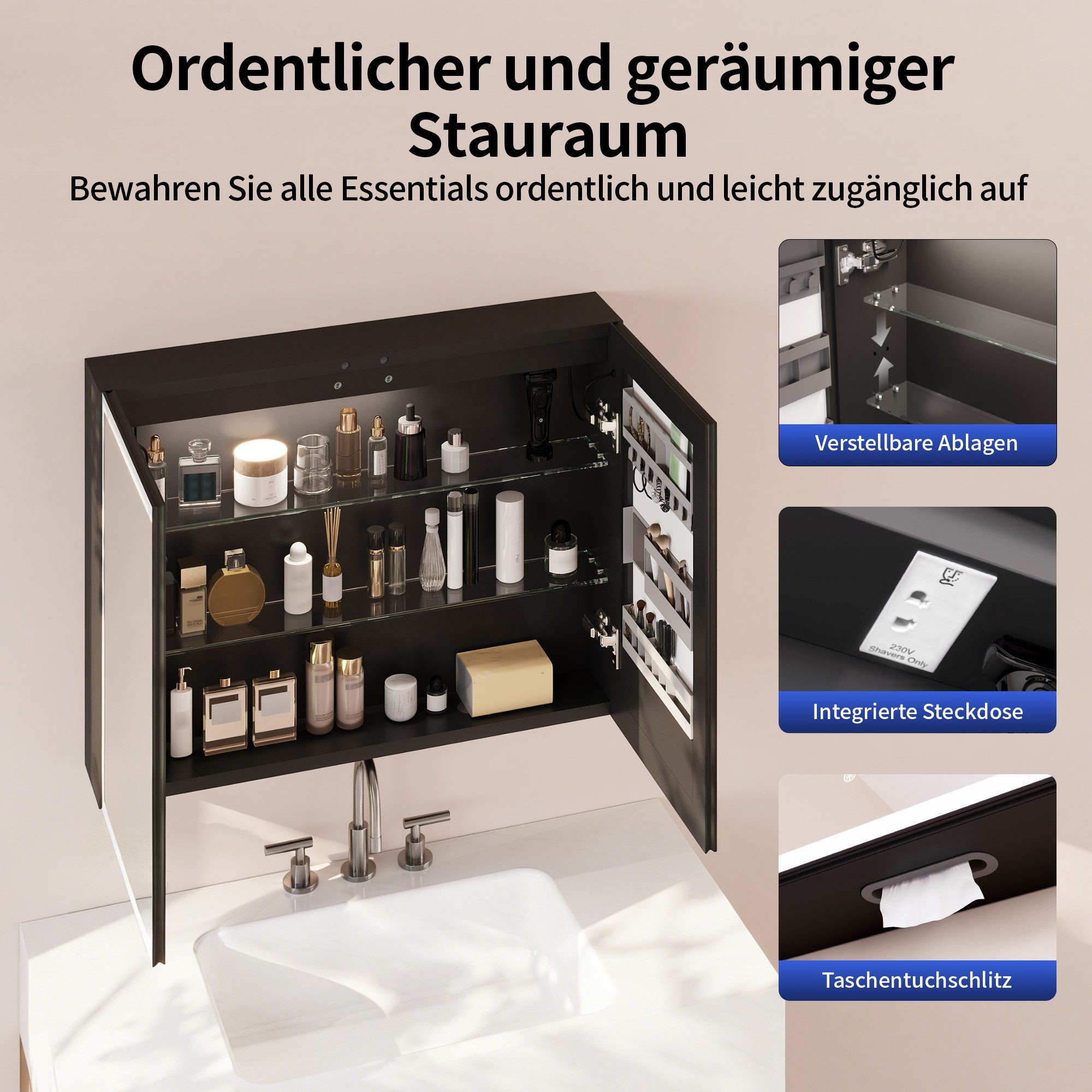 DeerValley Spiegelschrank DeerValley Badezimmer Wandspiegel, Antibeschlag (Set, Spiegelschrank mit Beleuchtung, Steckdose, Ablagen und Montagematerial) LED-Spiegelschrank mit Steckdose und Antibeschlag