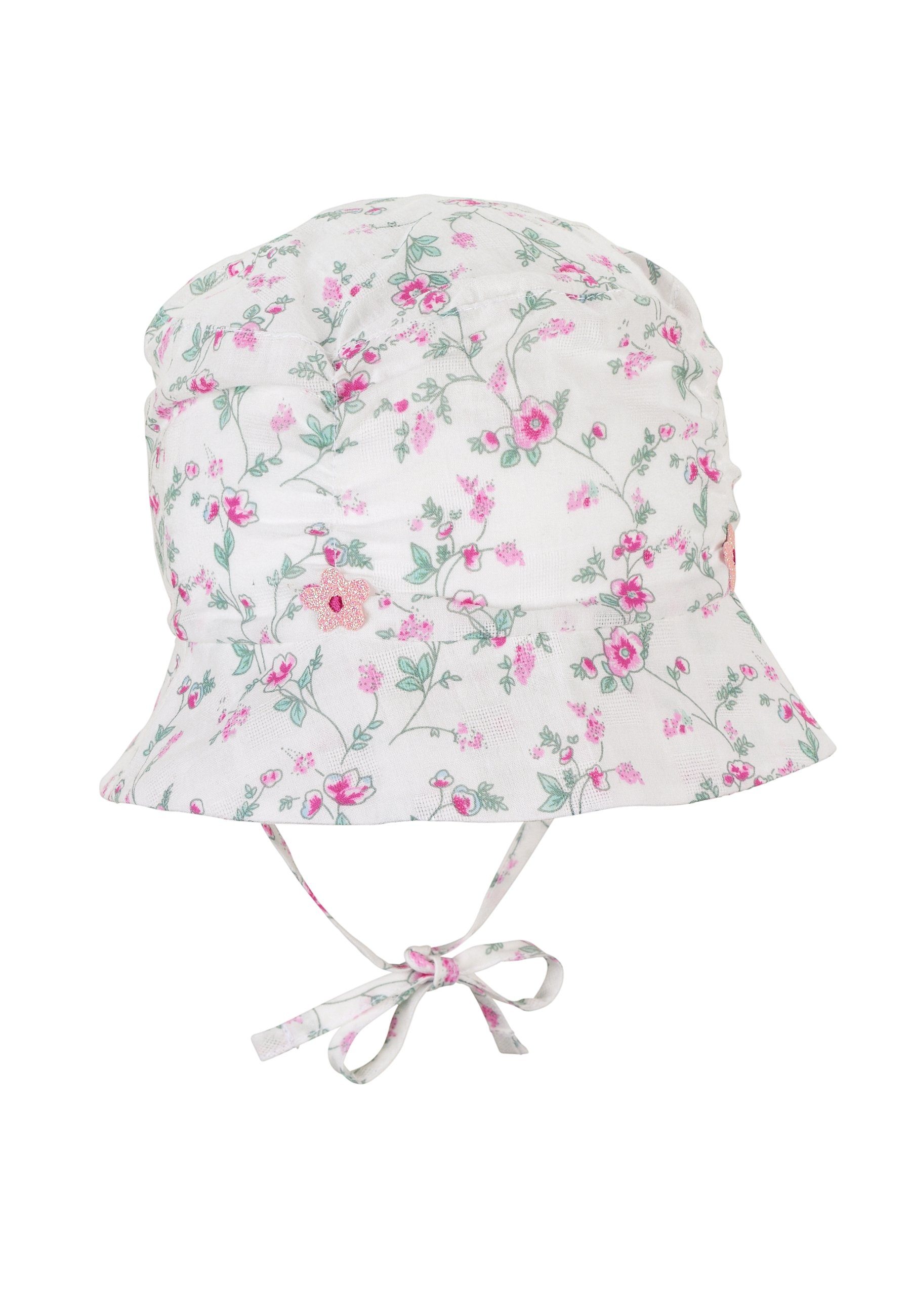 Baby Sterntaler® für (1-St., den mit Bindeband mit Schirmmütze weisse bedruckt ideal Blumen Hut Farbe und UV-Schutz Kinder Sommerhut Sommer) Ohrenklappen Sonnenhut