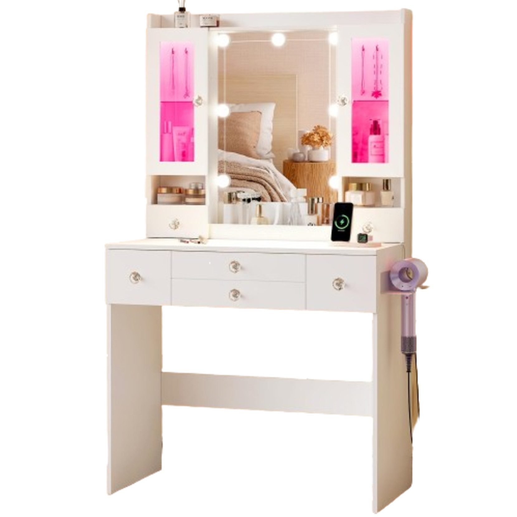 Dripex Schminktisch LED-Spiegel&Vitrine 80cm-USB&Steckdose-RGB-Beleuchtung-Stauraum-Weiß