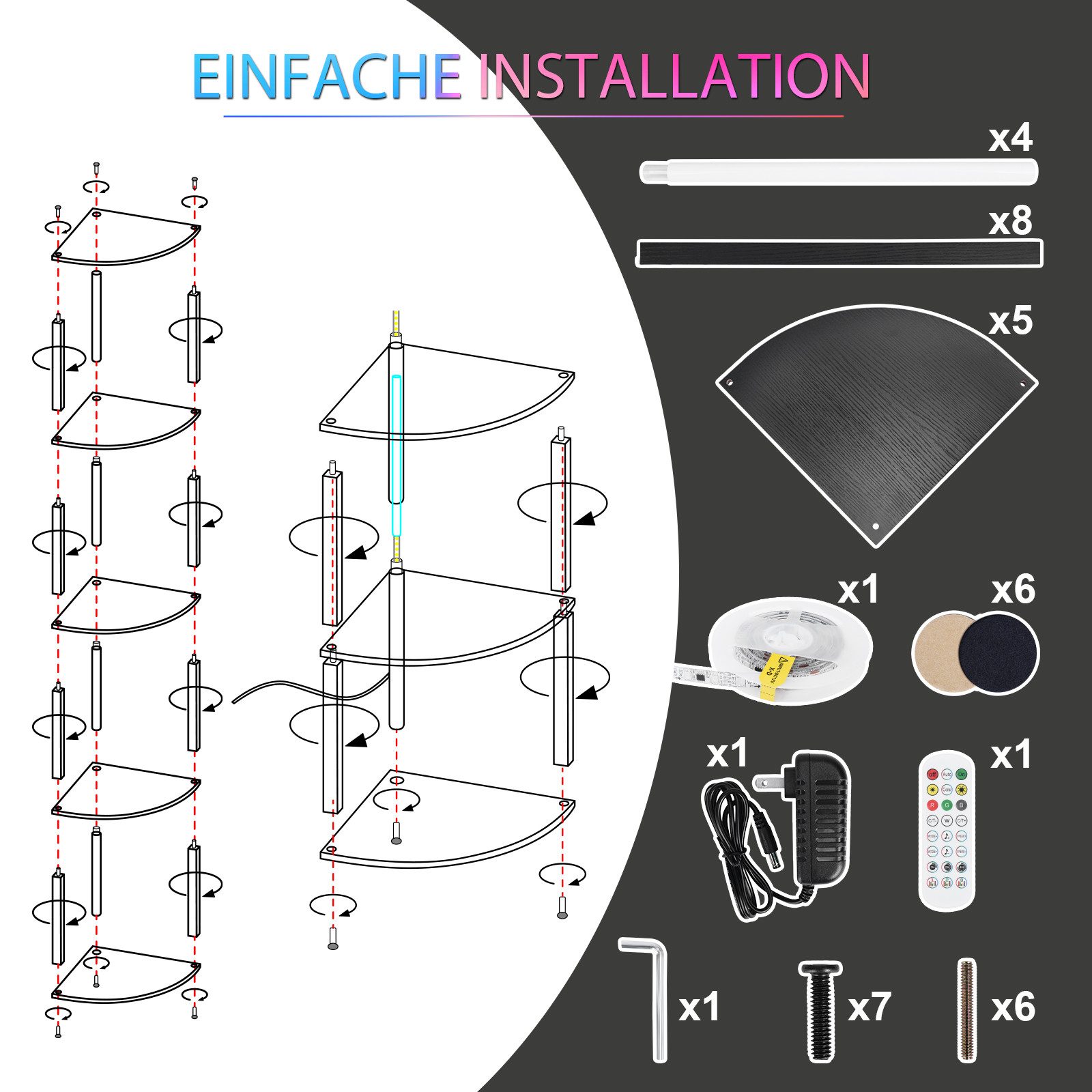 XIIW Eckvitrine LED Eckregal Standregal Bücherregal Vitrine mit APP & Fernbedienung (5 Etagen, 30×30×162 cm, Stehlampe Stehleuchte Regal aus Holz) für Wohnzimmer Schlafzimmer Flur Büro
