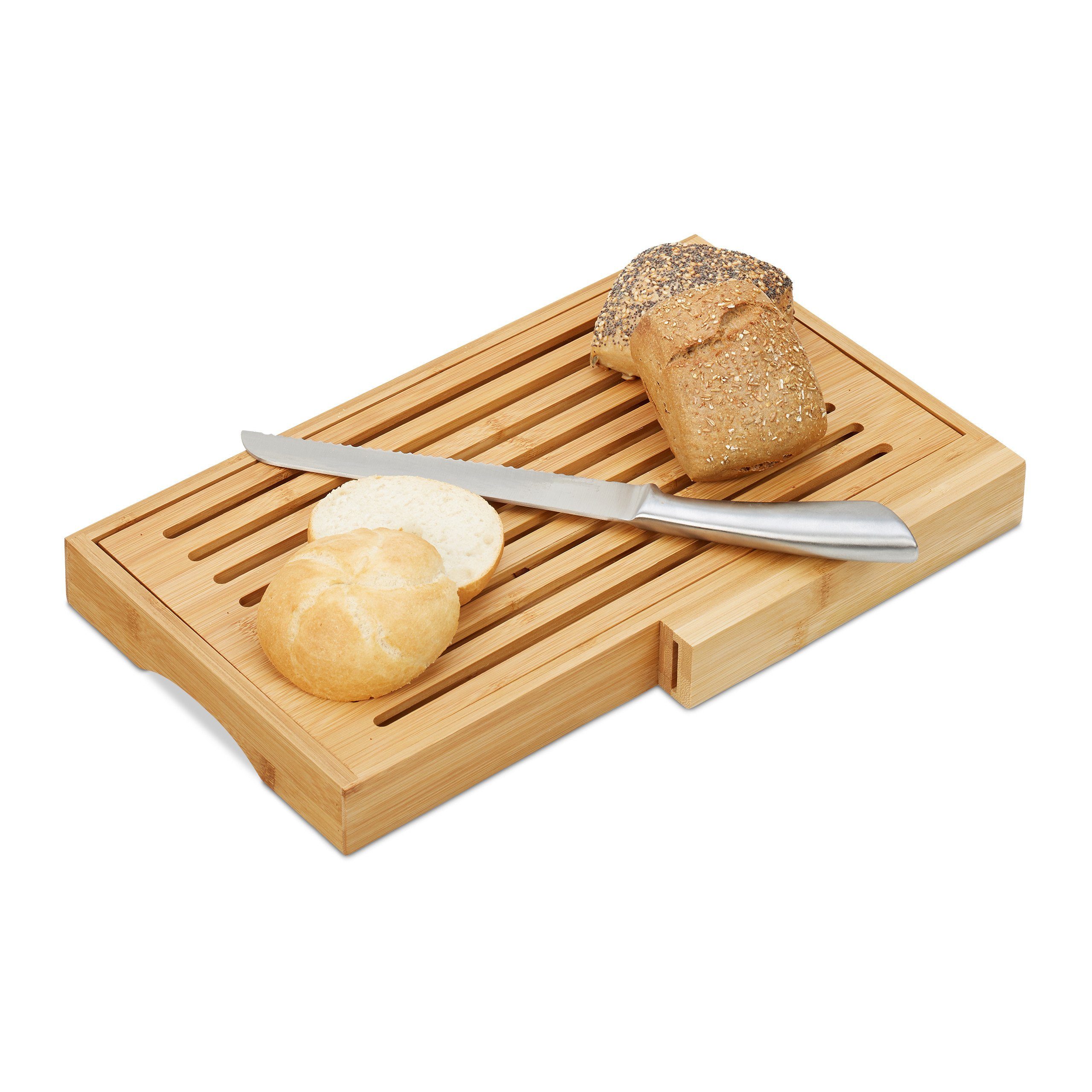 relaxdays Brotschneidebrett Brotschneidebrett mit Bambus Messer