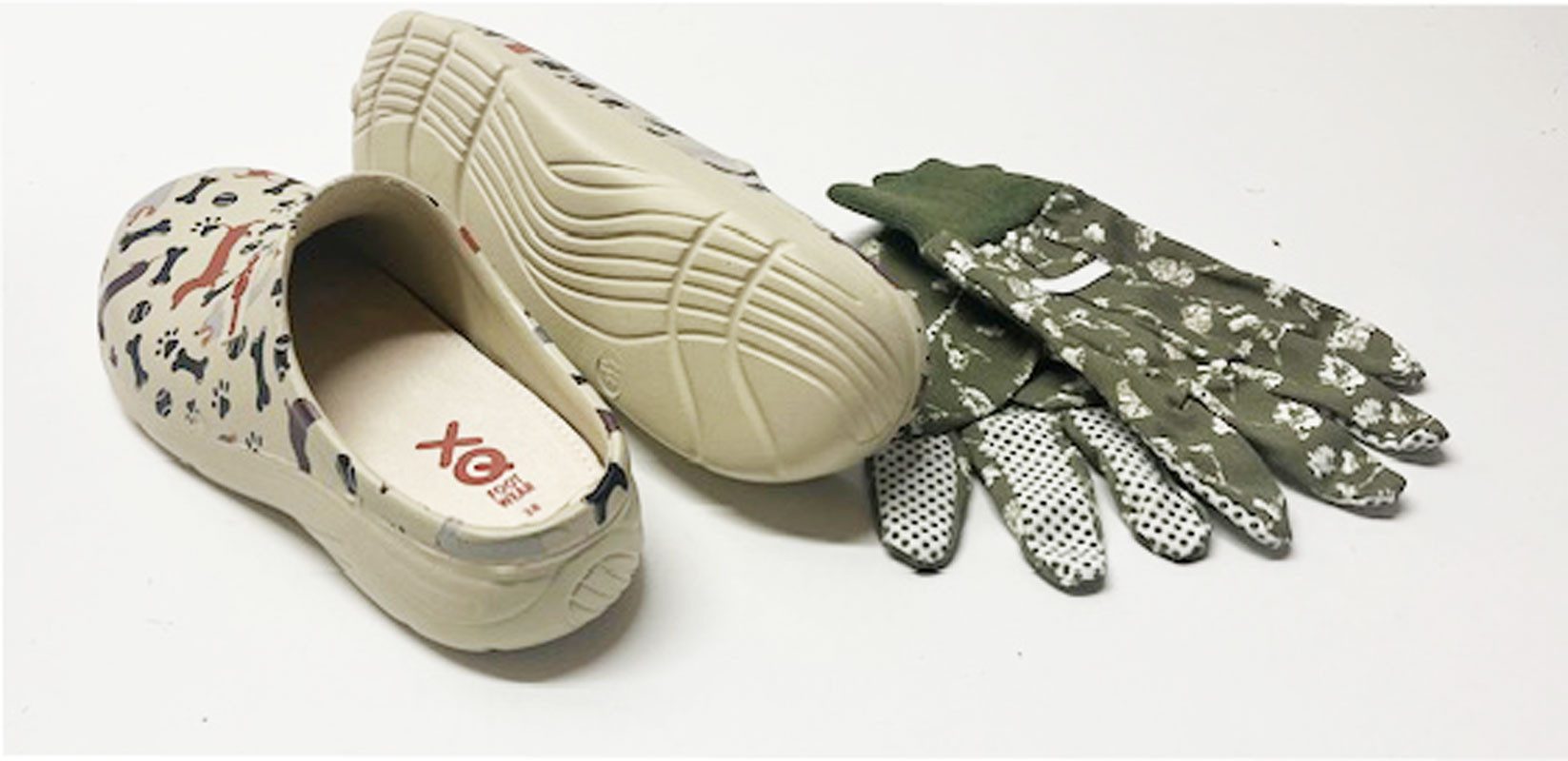 Steinnacher Bärbel Damen Gartenclogs Dackel mit passenden Gartenhandschuhen Clog