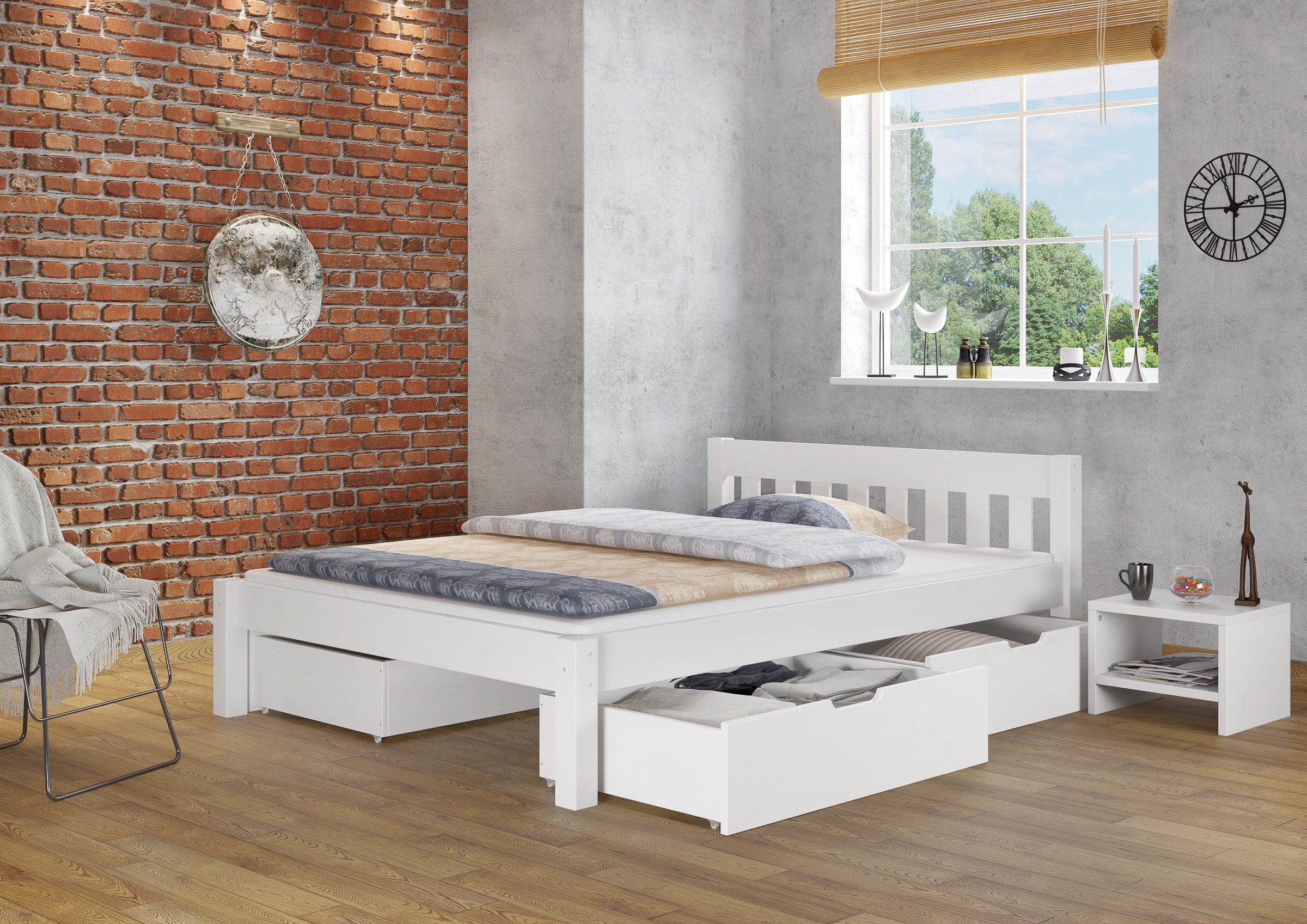 und ERST-HOLZ Kieferwaschweiß Weißes Holz Doppelbett Matratze, 140x200 mit Rost Bett