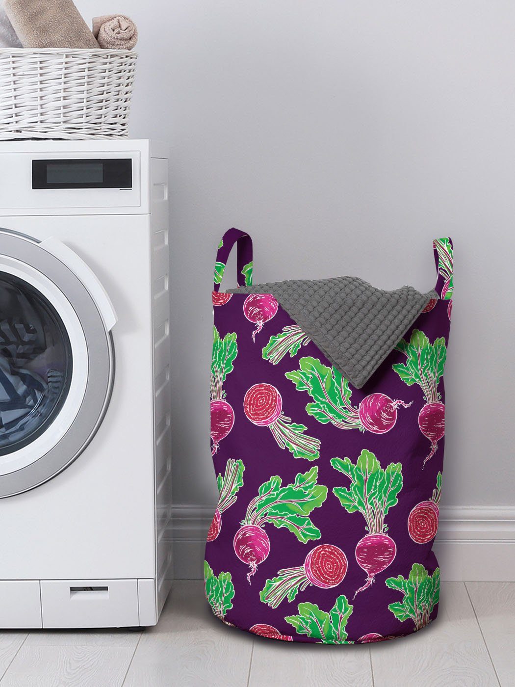 Abakuhaus Wäschesäckchen Wäschekorb Reife Grün Kordelzugverschluss mit Cartoon für Waschsalons, Lila Beets und Griffen