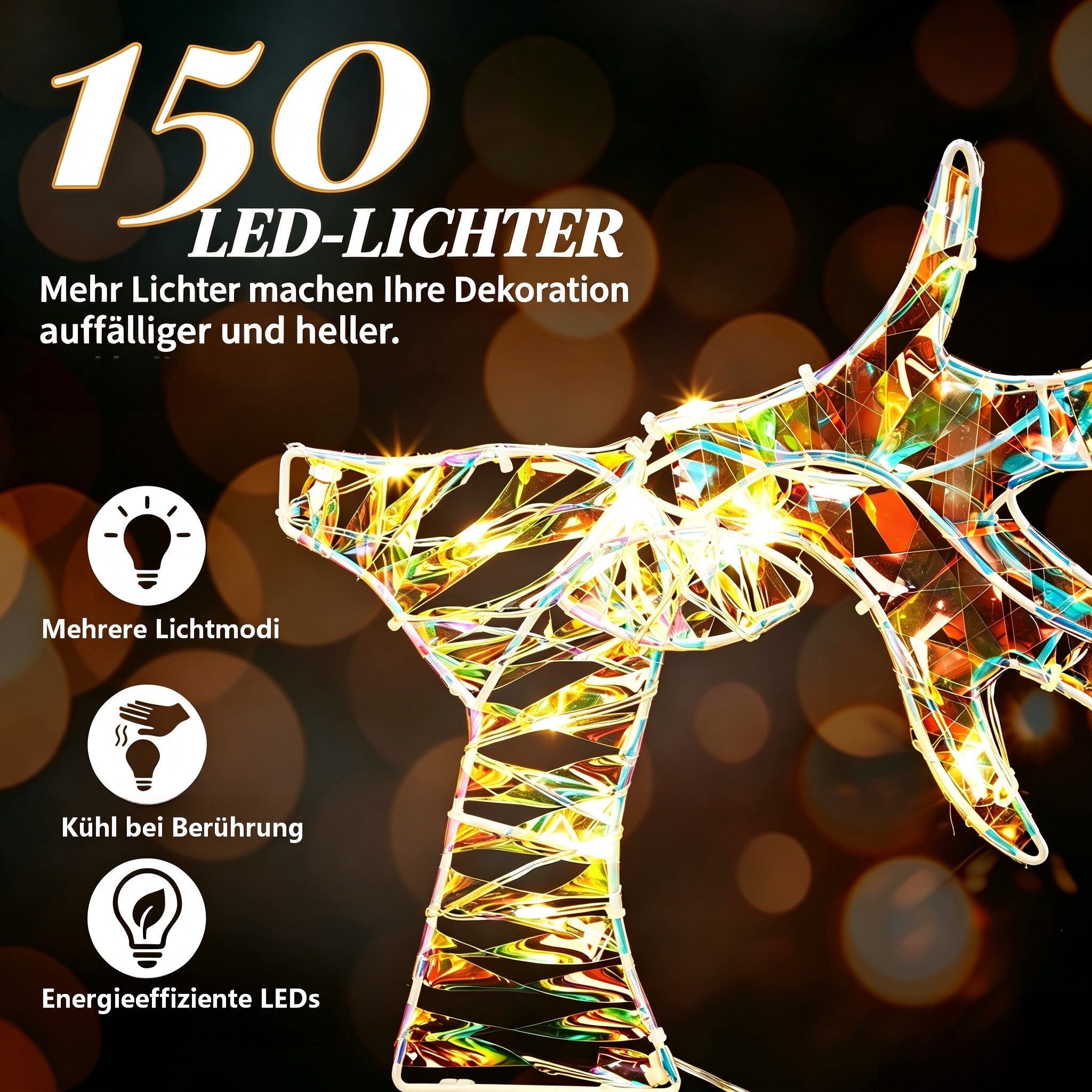 VINGLI LED-Dekofigur Leuchtendes Weihnachtsdeko, 3-teiliges Rentier-Familien-Set, Irideszent-Effekt, 2D Rentier Set, 110 Warmweißen LEDs, 70 cm – Bild 4 von 5