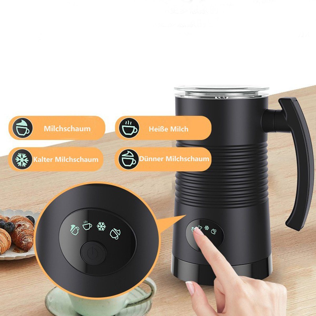 AURIVION Milchaufschäumer 4-in-1 elektrischer Milchaufschäumer für heiß & kalt, 100 W, Milk Frother leicht zu reinigen für Kaffee, Kakao & Hafermilch