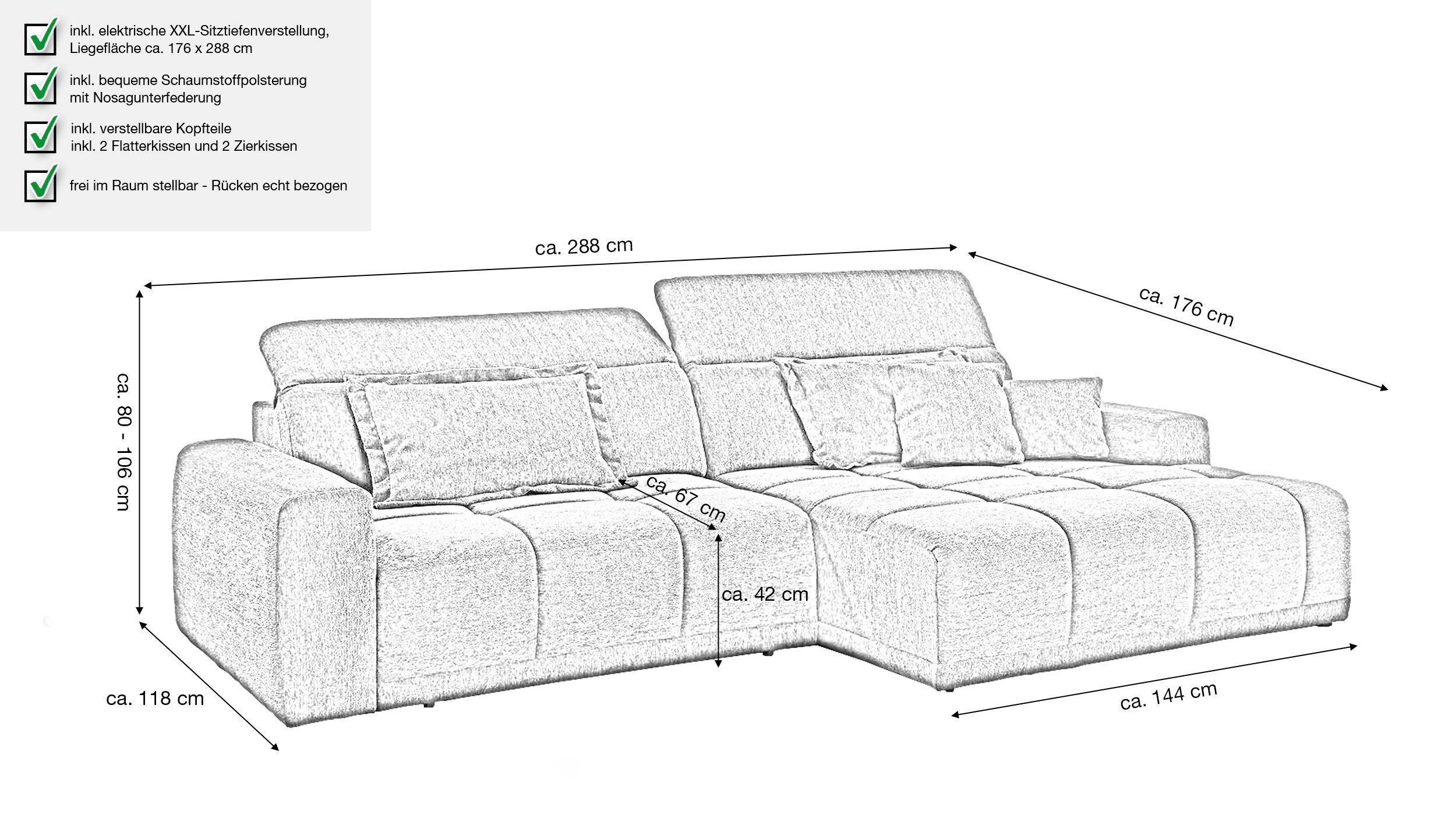 Massivart® Ecksofa Bouclé Anthrazit / 288 cm / elektrische Sitztiefenverste günstig online kaufen